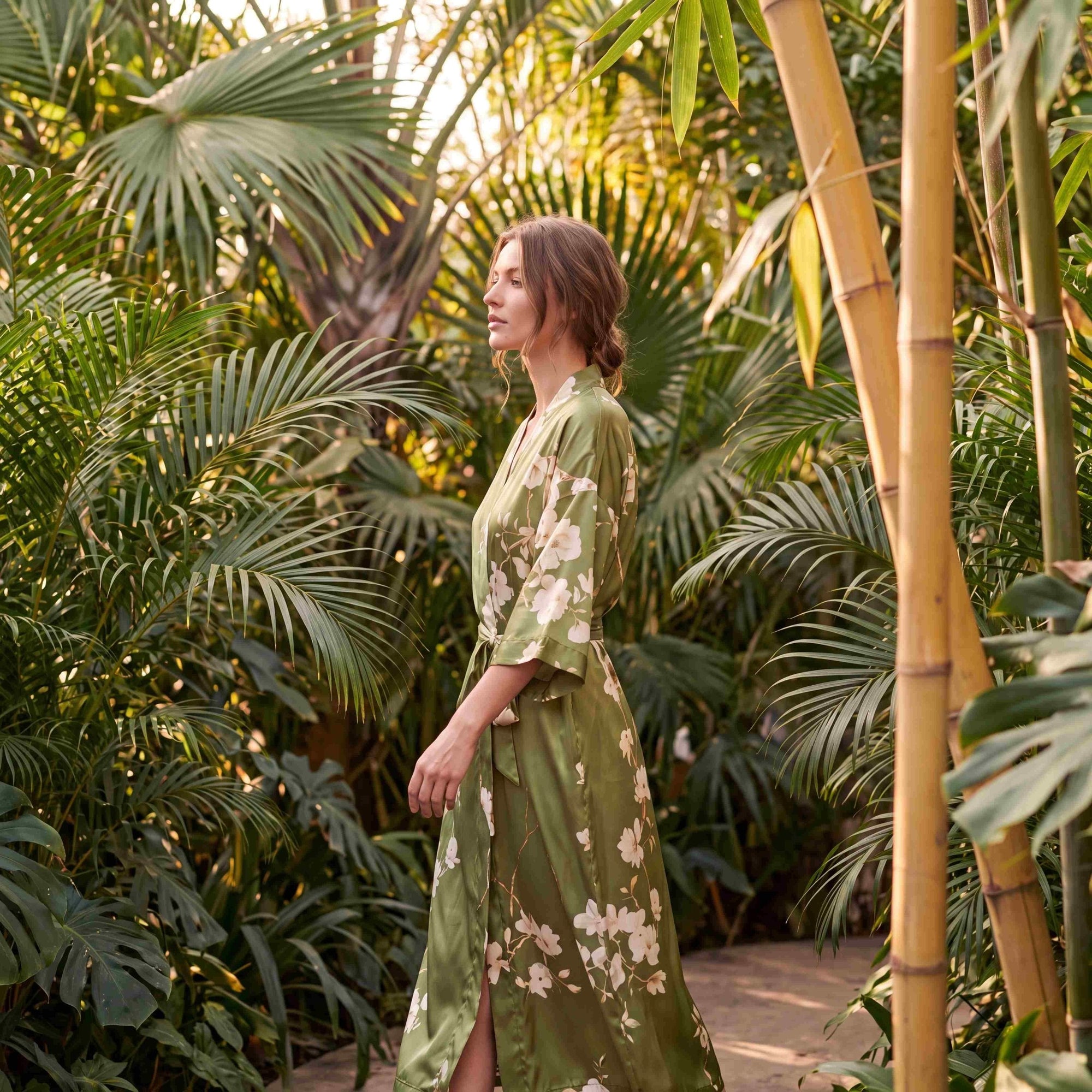 Amaya - Vert olive : Kimono long de nuit en satin, confort et élégance - Amboria