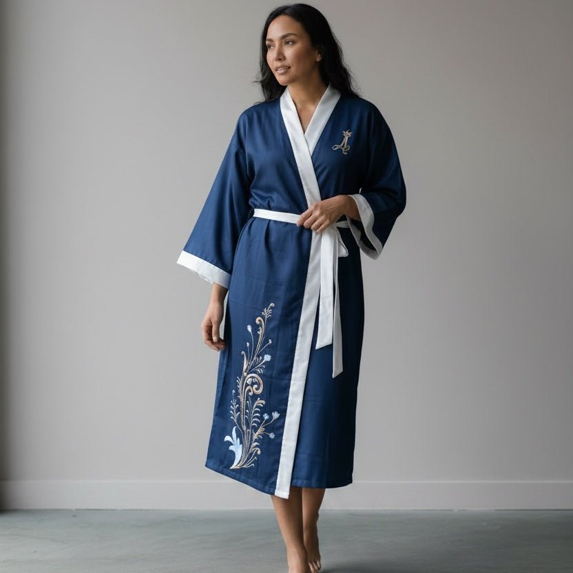 Amed – Bleu Céleste : Kimono long en soie peint à la main - Amboria