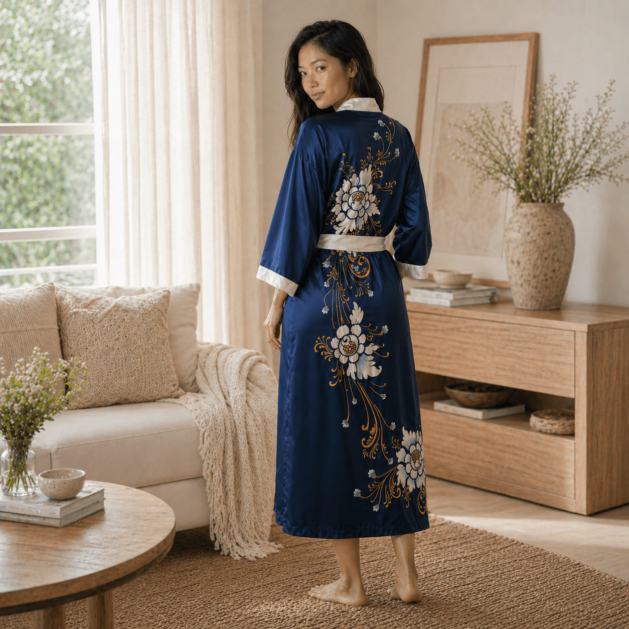 Amed – Bleu Céleste : Kimono long en soie peint à la main - Amboria