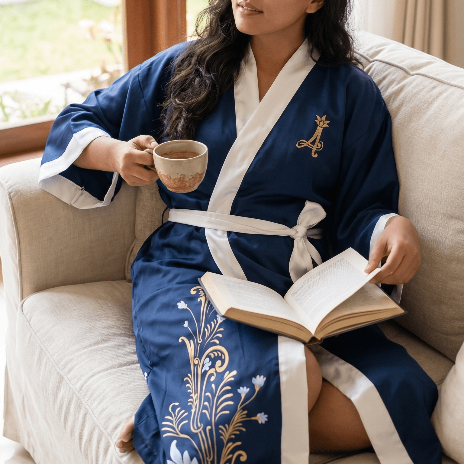 Amed – Bleu Céleste : Kimono long en soie peint à la main - Amboria