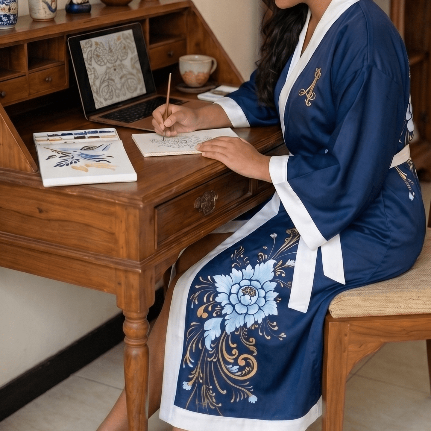 Amed – Bleu Céleste : Kimono long en soie peint à la main - Amboria