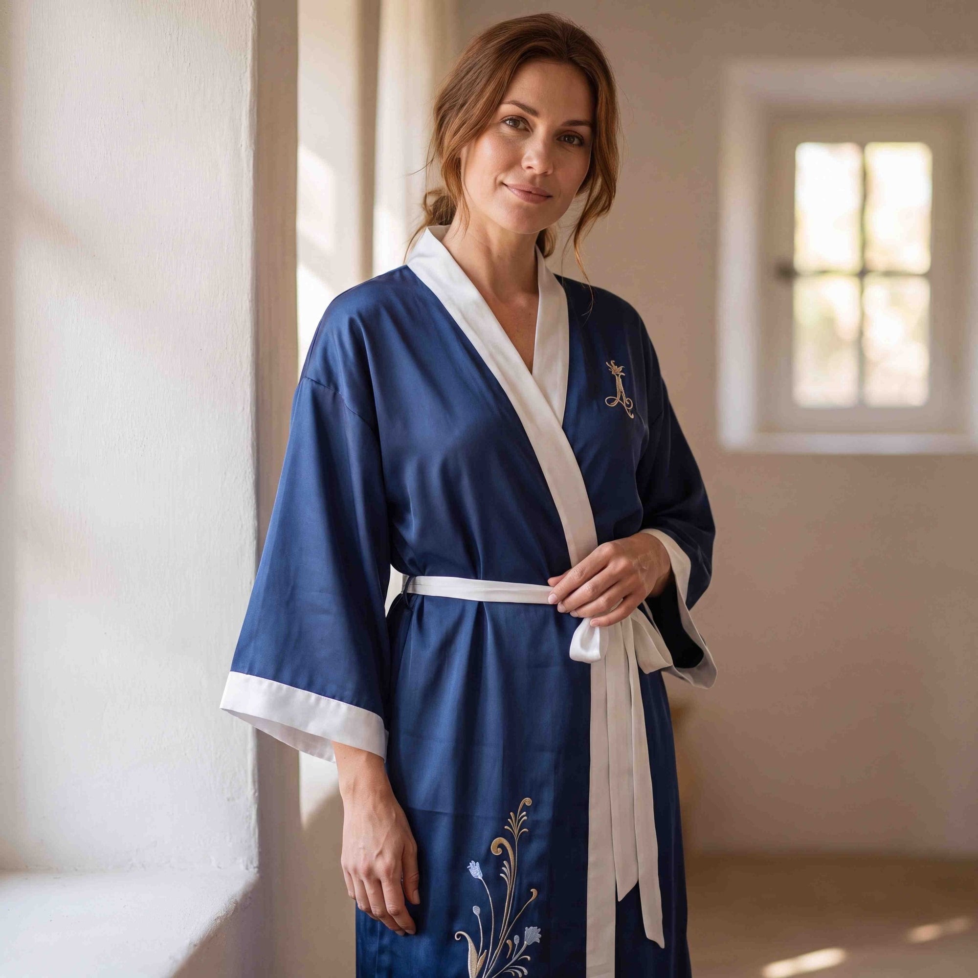 Amed – Bleu Céleste : Kimono long en soie peint à la main - Amboria