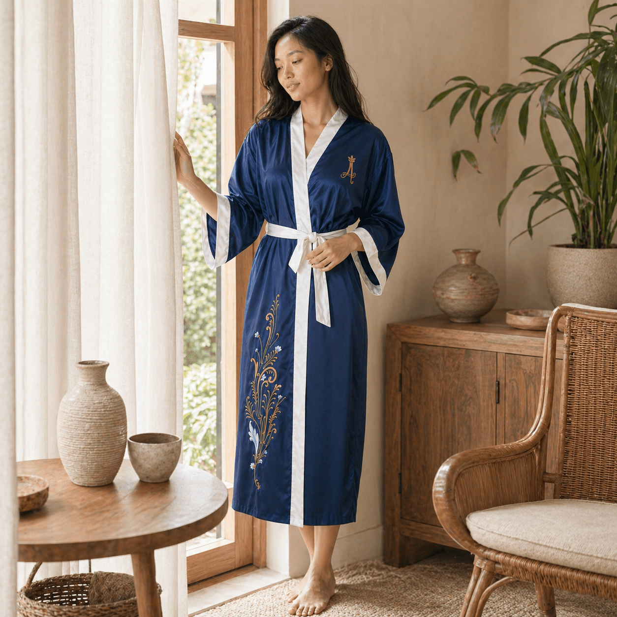 Amed – Bleu Céleste : Kimono long en soie peint à la main - Amboria