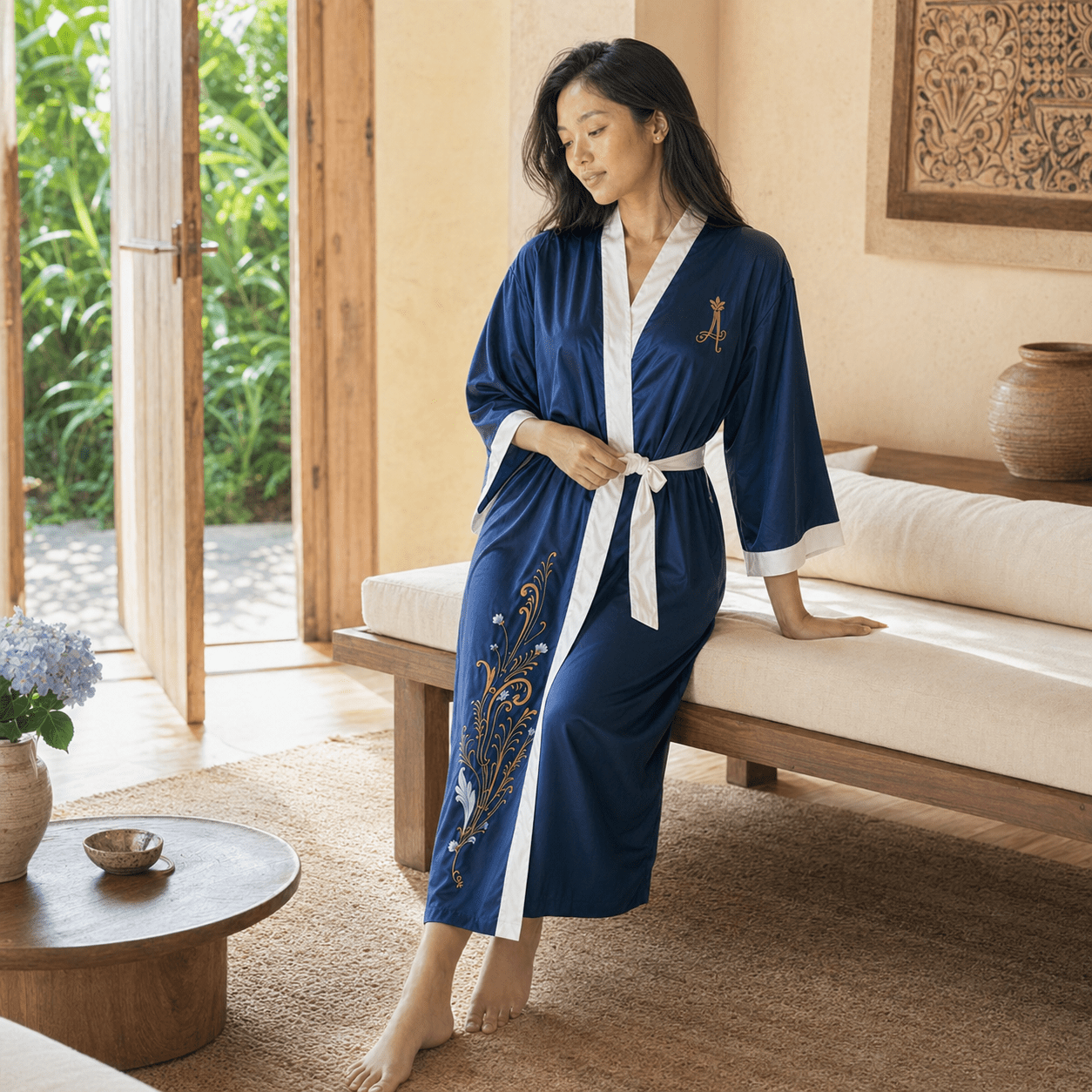 Amed – Bleu Céleste : Kimono long en soie peint à la main - Amboria