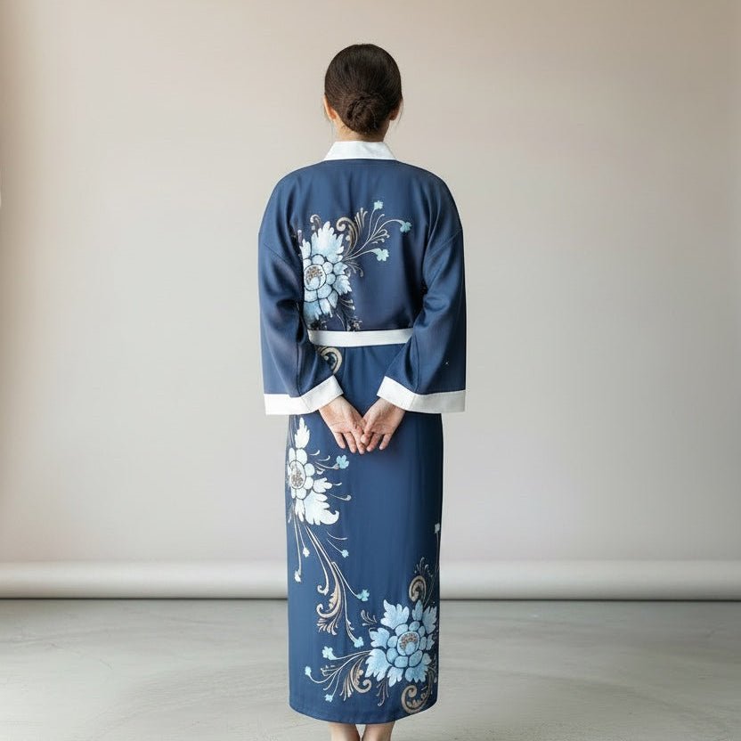 Amed – Bleu Céleste : Kimono long en soie peint à la main - Amboria