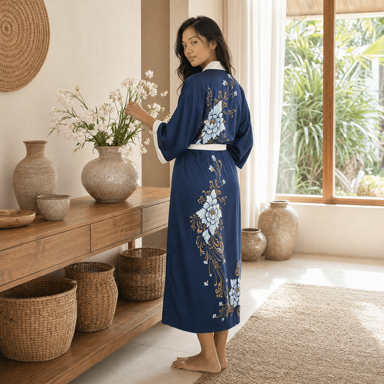 Amed – Bleu Céleste : Kimono long en soie peint à la main - Amboria