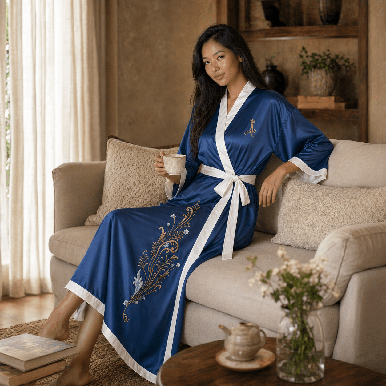 Amed – Bleu Céleste : Kimono long en soie peint à la main - Amboria