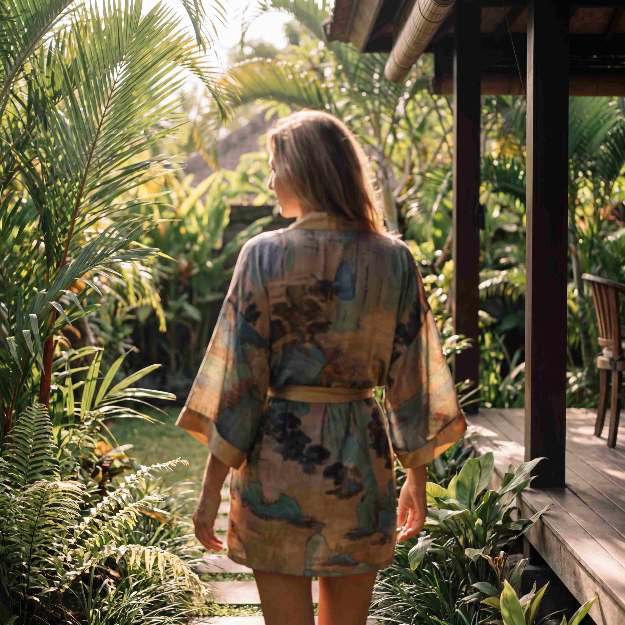 Angie - Rêve de Dunes : Kimono en satin, court et élégant - Amboria