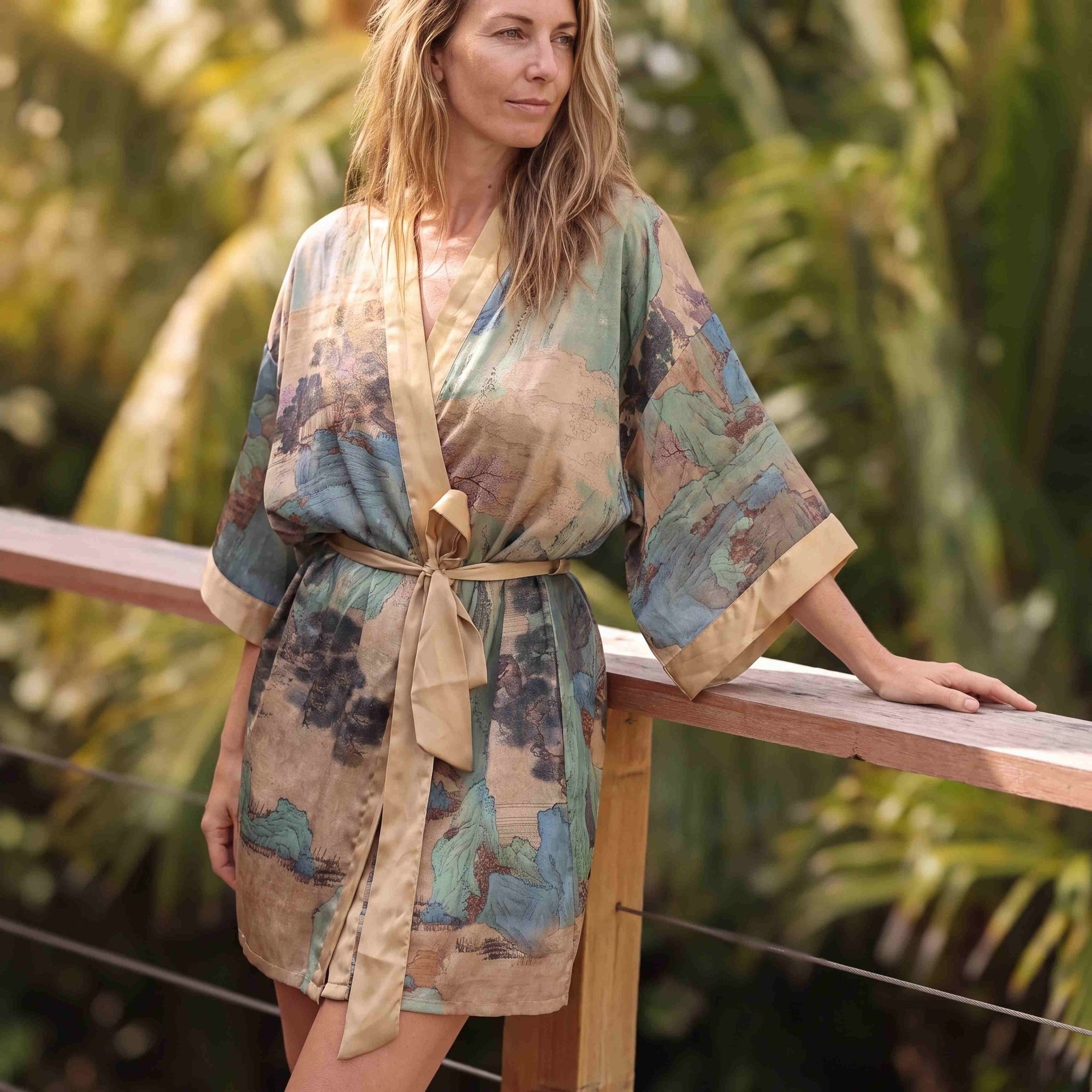 Angie - Rêve de Dunes : Kimono en satin, court et élégant - Amboria