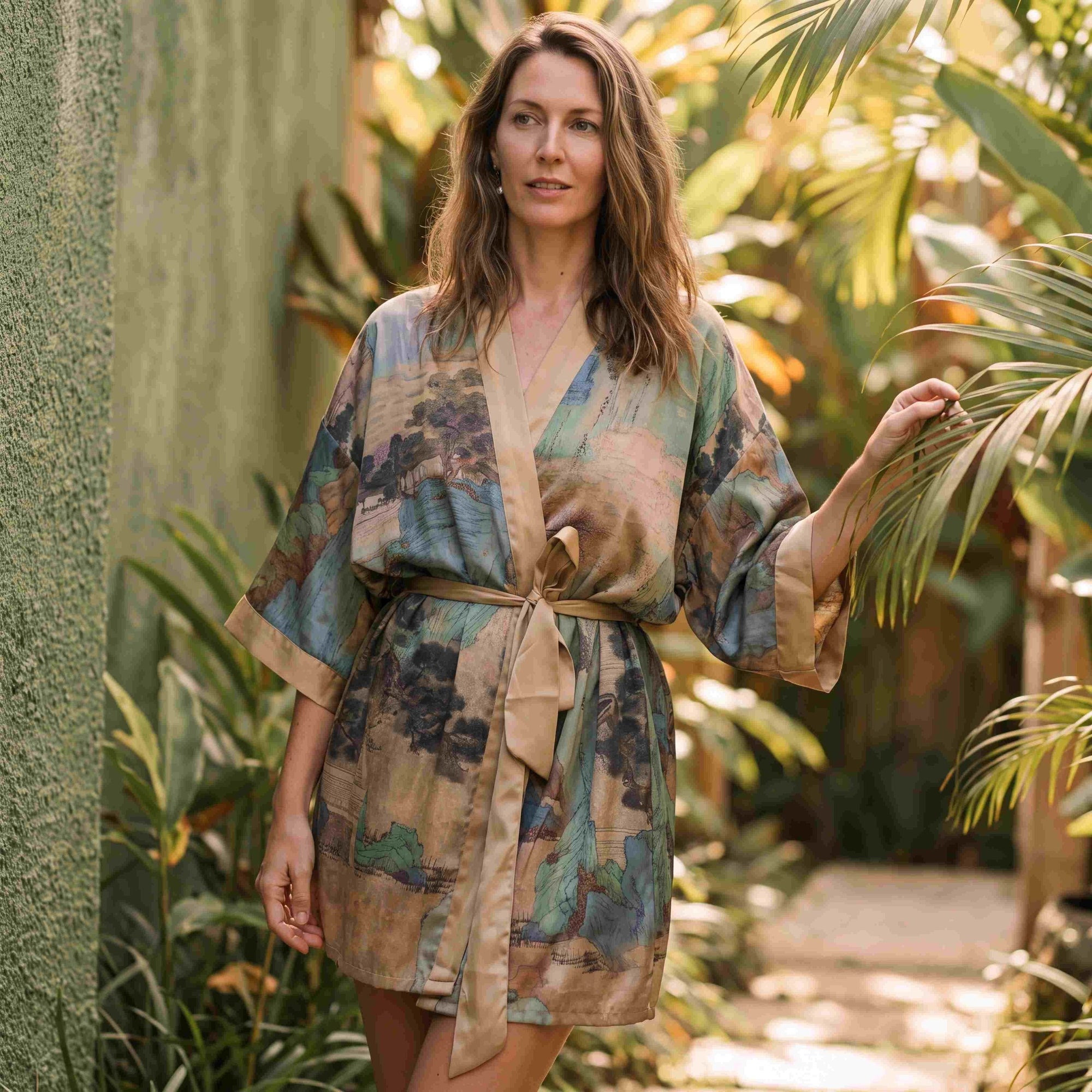 Angie - Rêve de Dunes : Kimono en satin, court et élégant - Amboria