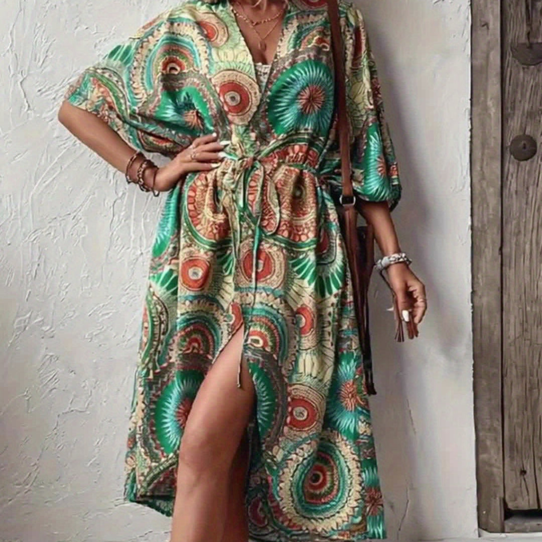 Charlize - Vert rosace : Kimono long bohème, fluide et élégant en toute occasion