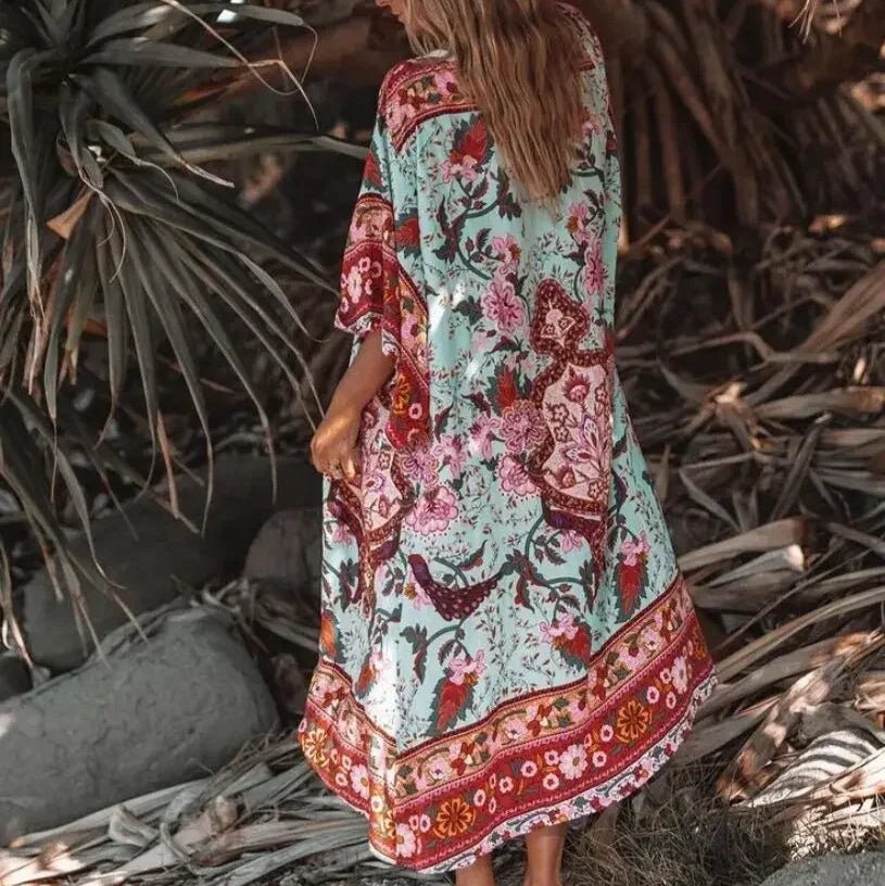 Charlize - Menthe florale : Kimono long bohème, fluide et élégant en toute occasion - Amboria
