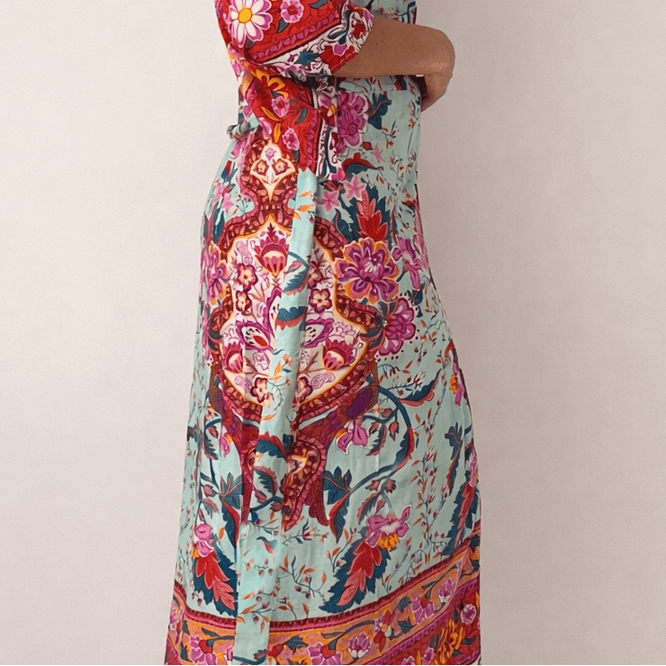 Charlize - Menthe florale : Kimono long bohème, fluide et élégant en toute occasion - Amboria