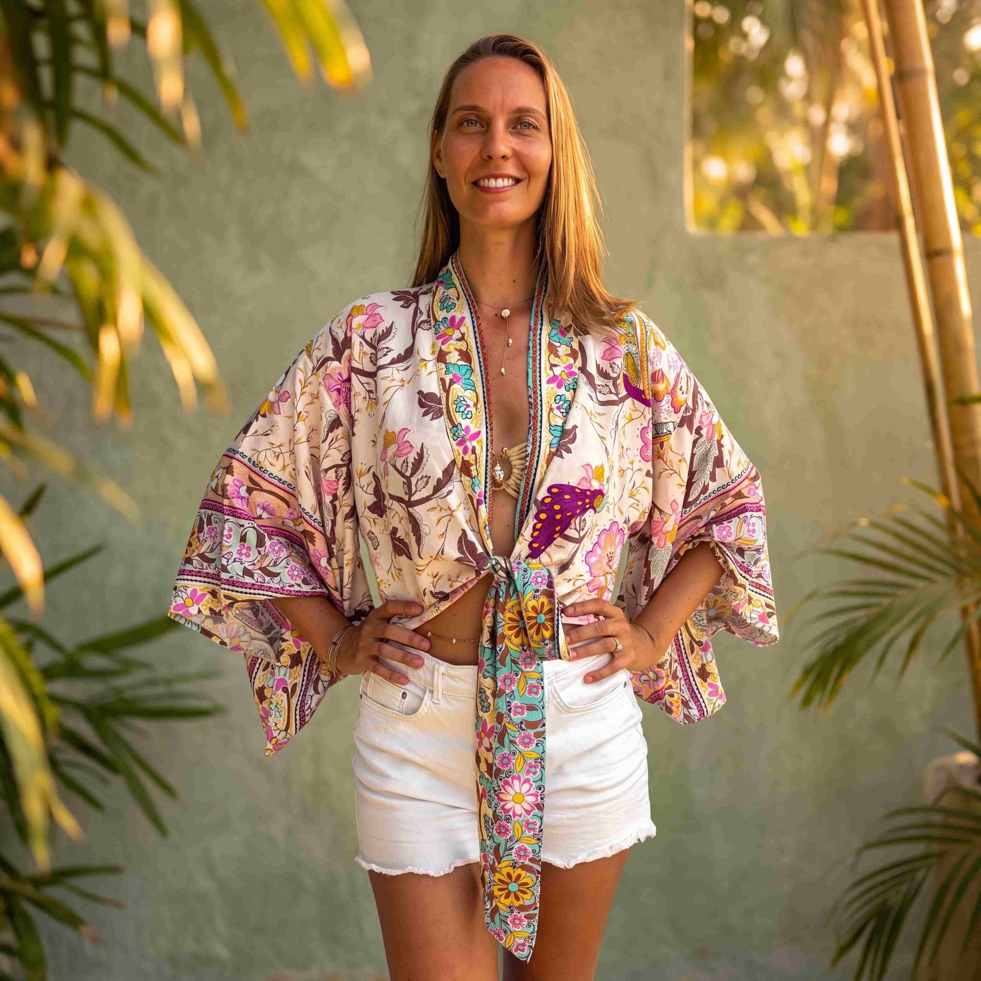 Giulia – Beige rose : Kimono court d’été, léger et élégant - Amboria