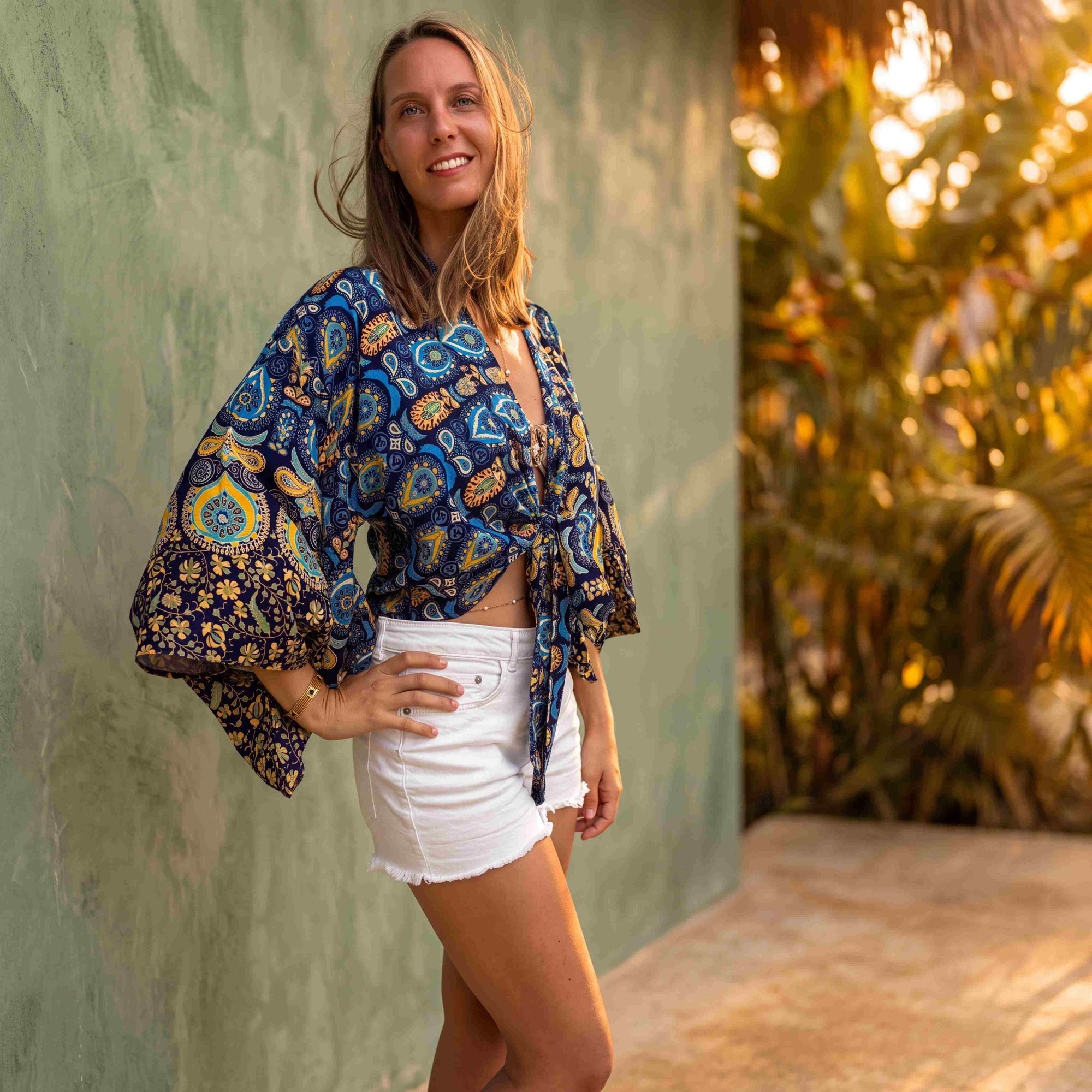 Giulia – Bleu jaune : Kimono court d’été, léger et élégant - Amboria