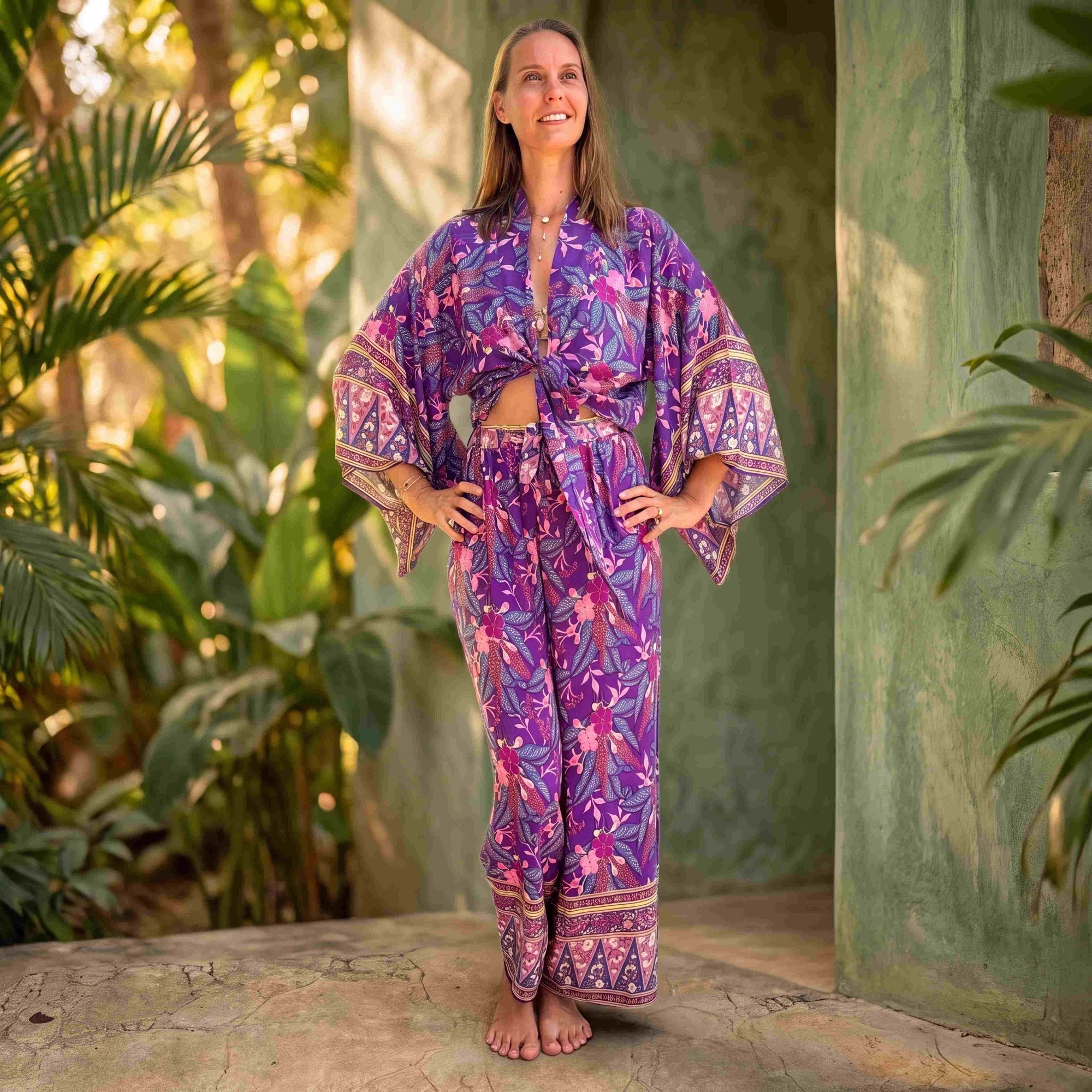 Giulia — Ensemble kimono court & pantalon fluide imprimé - Brume de lavande - Amboria