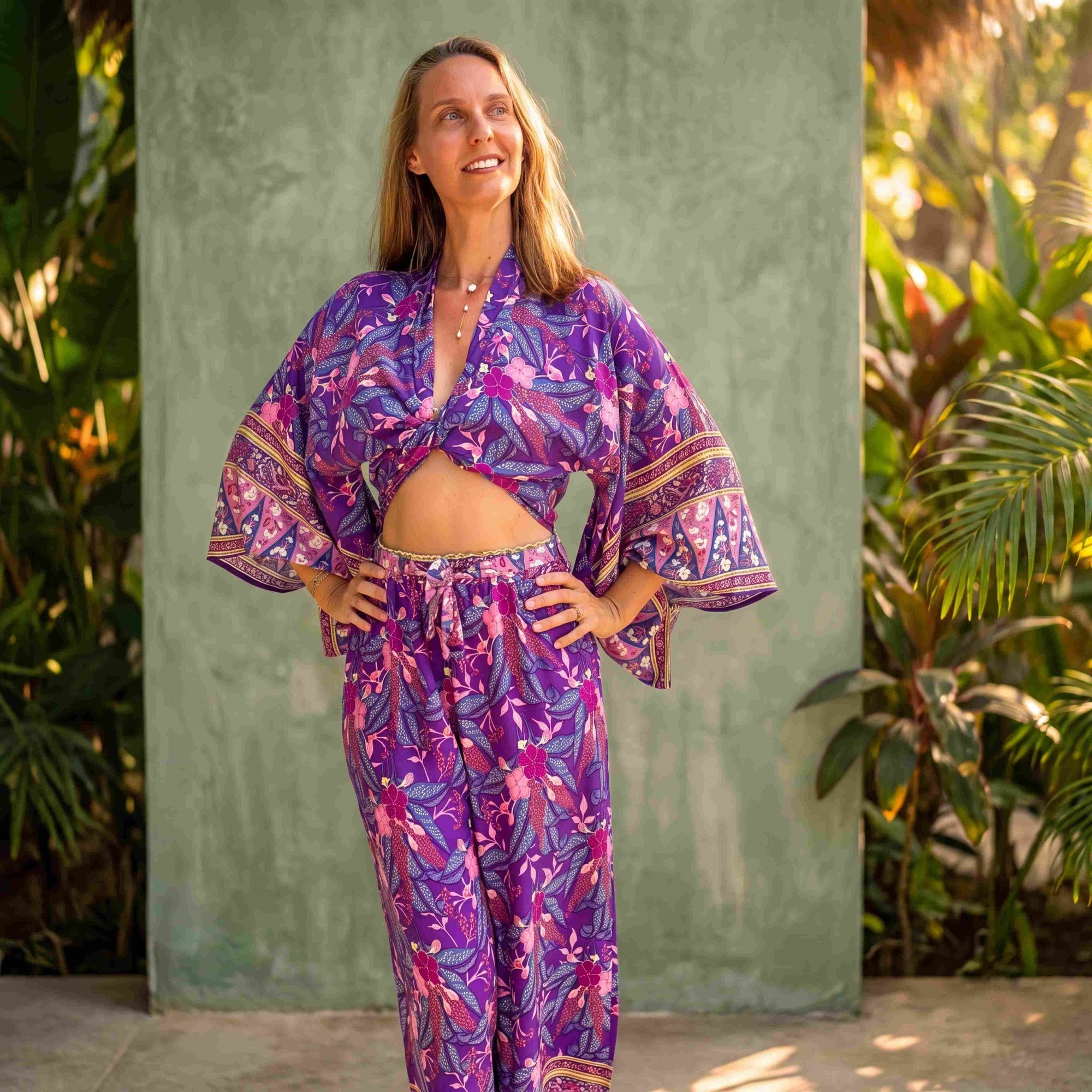 Giulia — Ensemble kimono court & pantalon fluide imprimé - Brume de lavande - Amboria