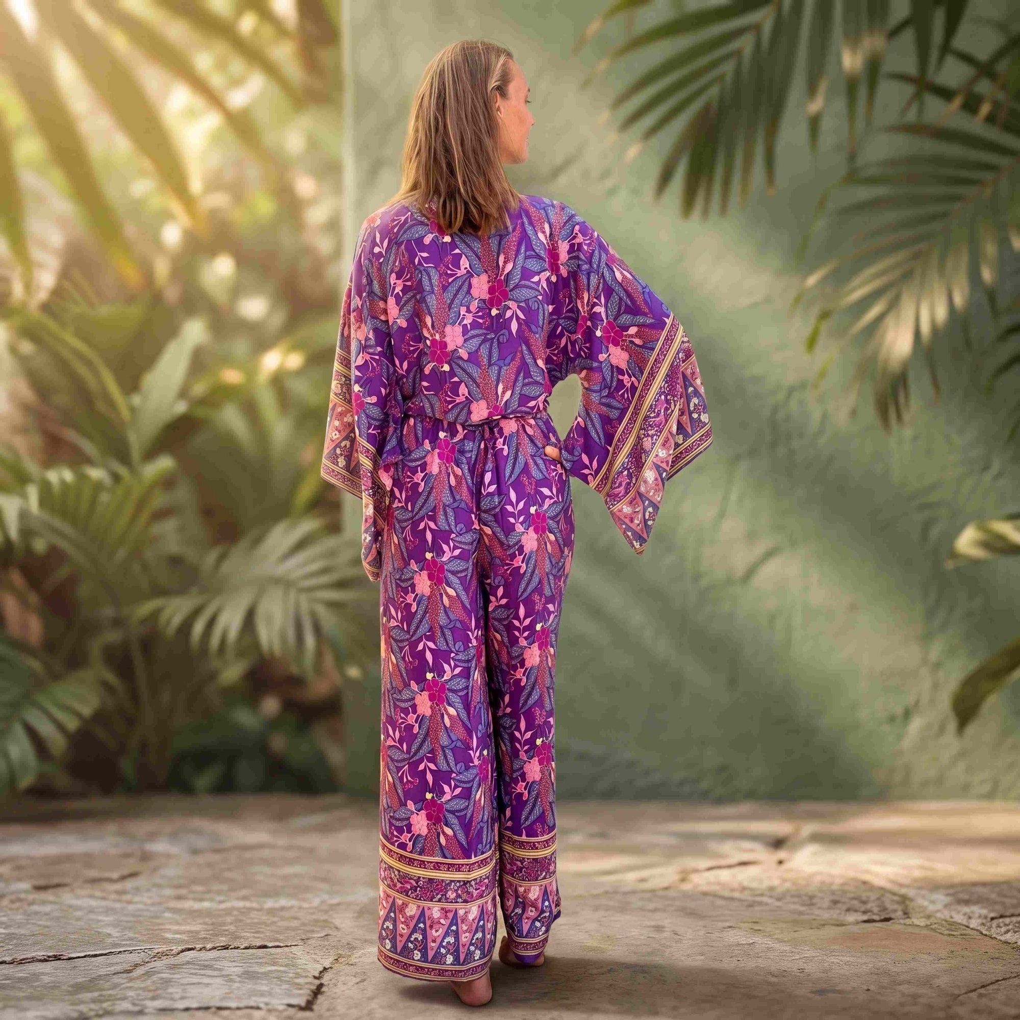 Giulia — Ensemble kimono court &amp; pantalon fluide imprimé - Brume de lavande - Amboria