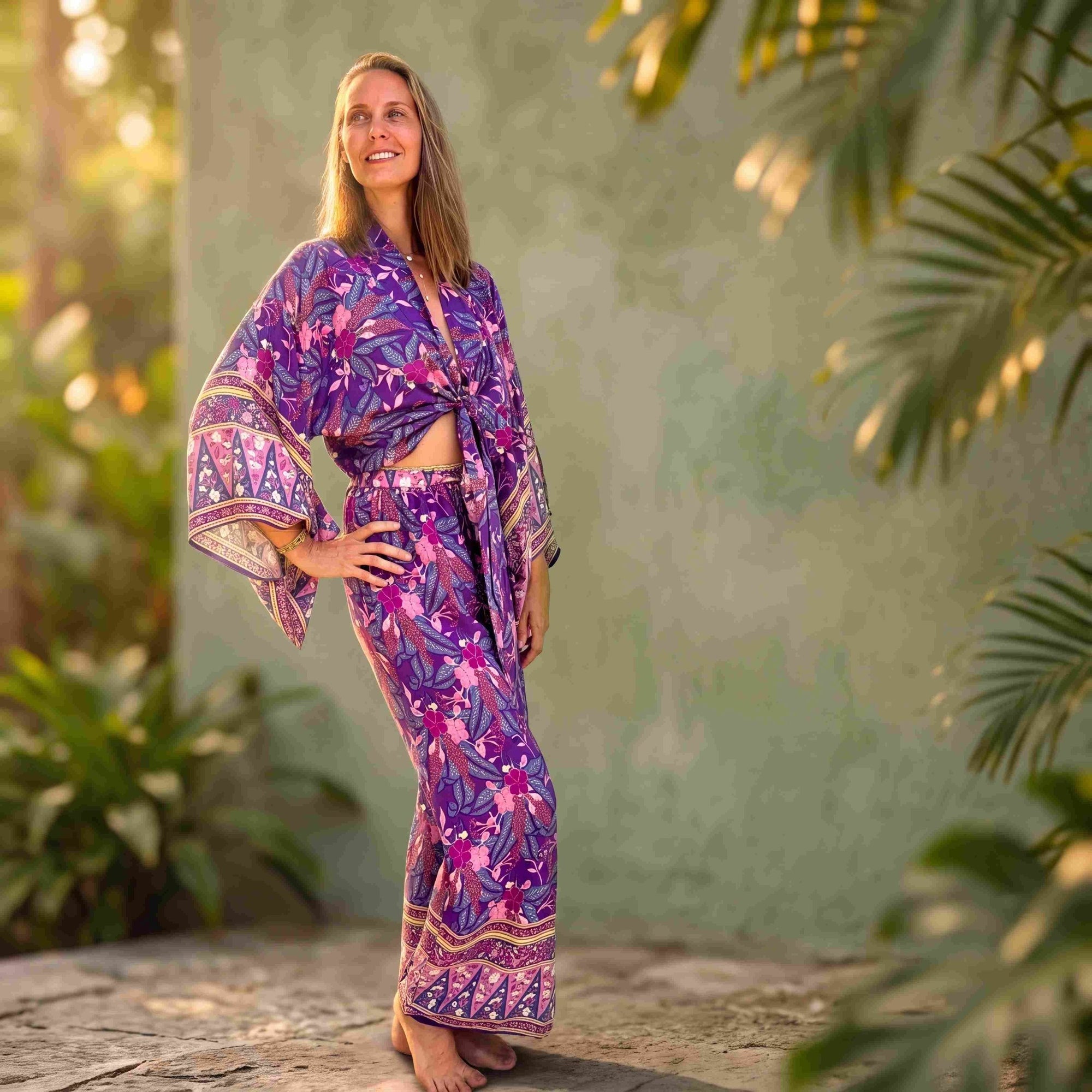 Giulia — Ensemble kimono court & pantalon fluide imprimé - Brume de lavande - Amboria