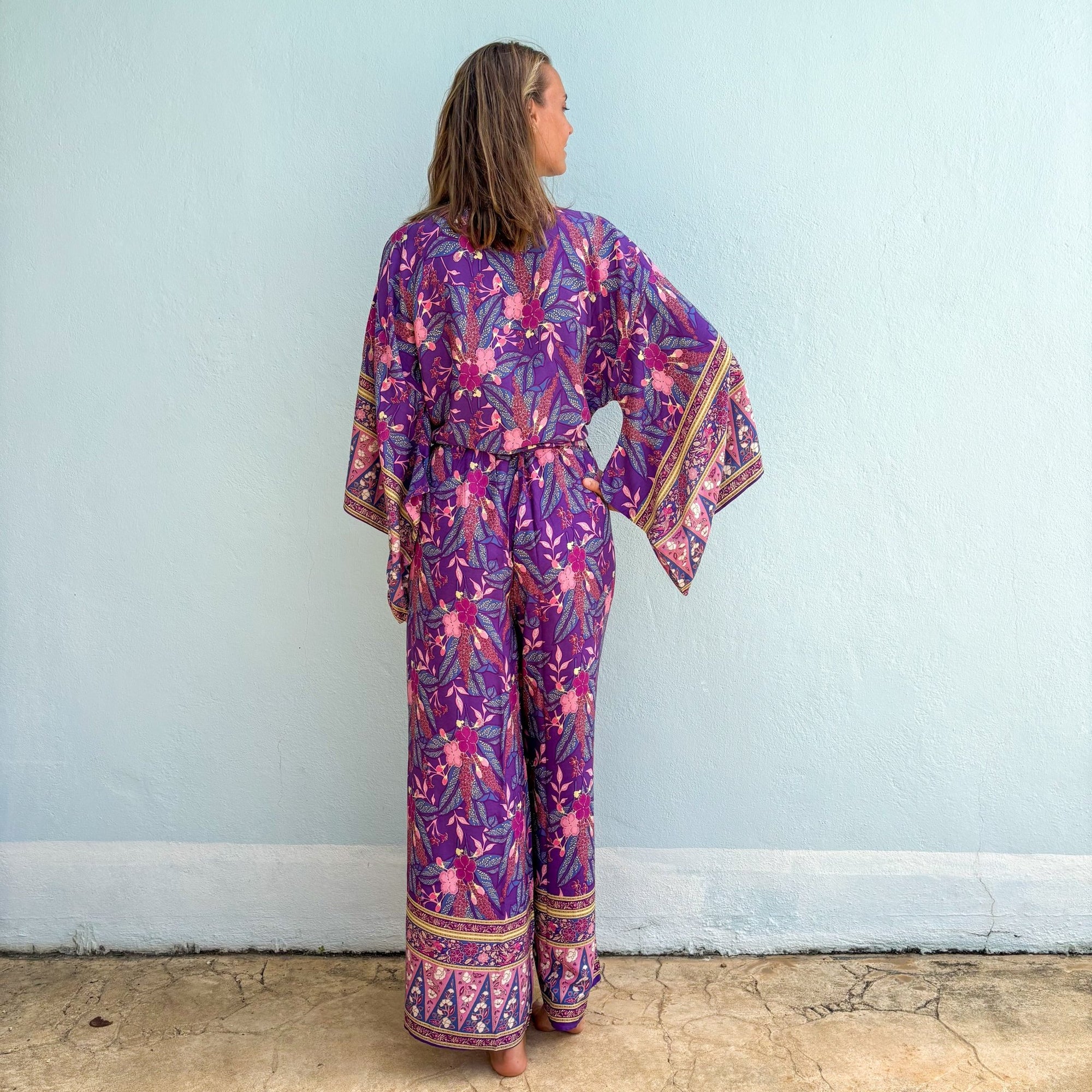 Giulia — Ensemble kimono court &amp; pantalon fluide imprimé - Brume de lavande - Amboria