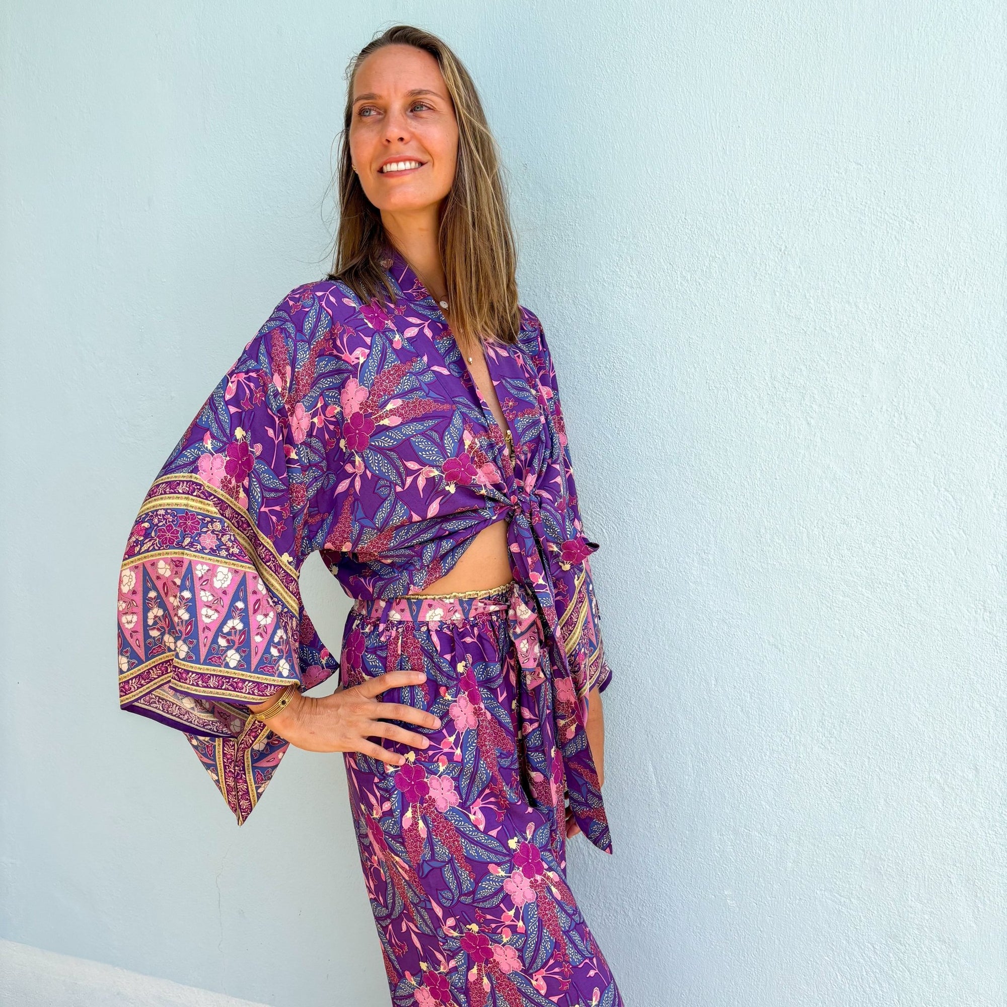 Giulia — Ensemble kimono court &amp; pantalon fluide imprimé - Brume de lavande - Amboria