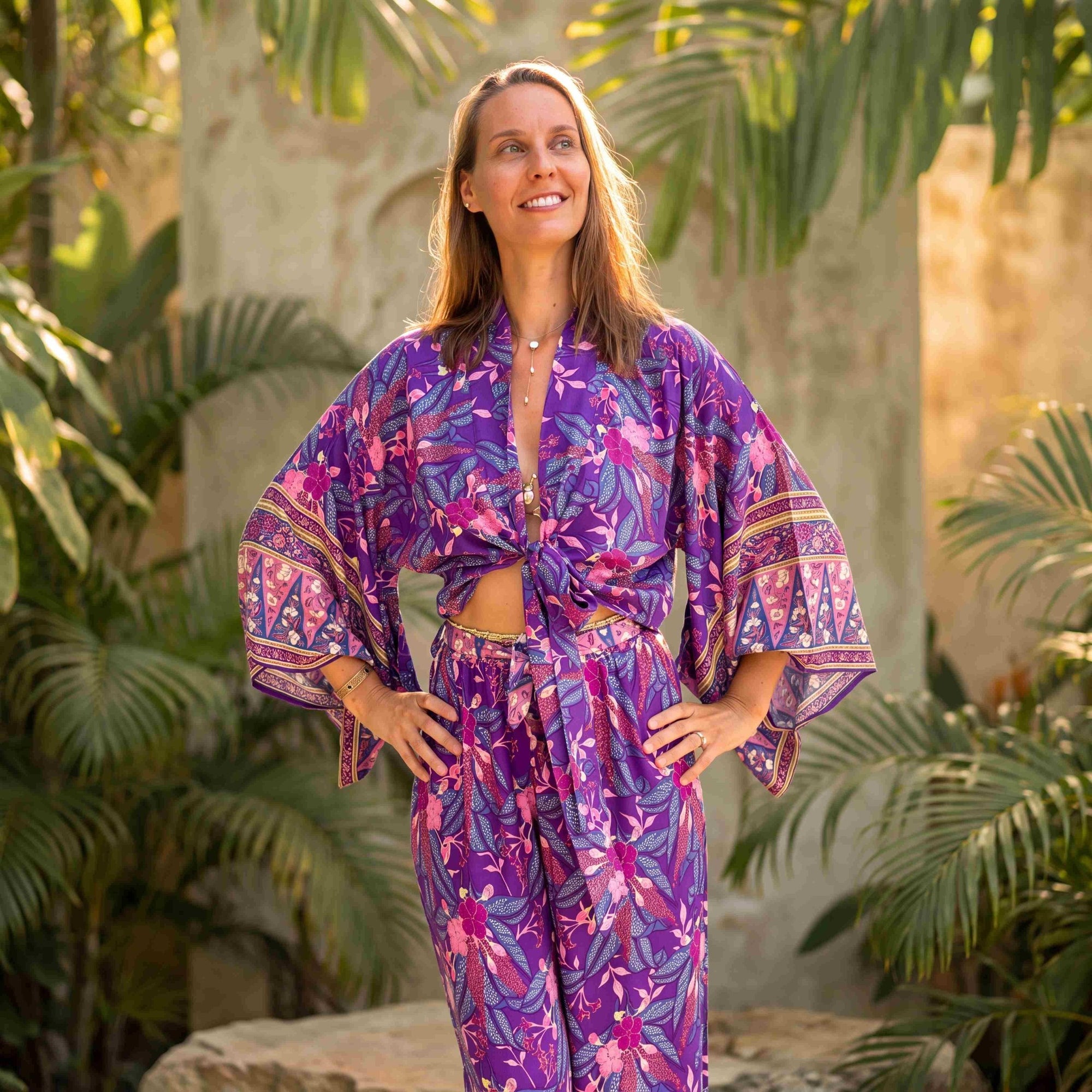 Giulia — Ensemble kimono court & pantalon fluide imprimé - Brume de lavande - Amboria