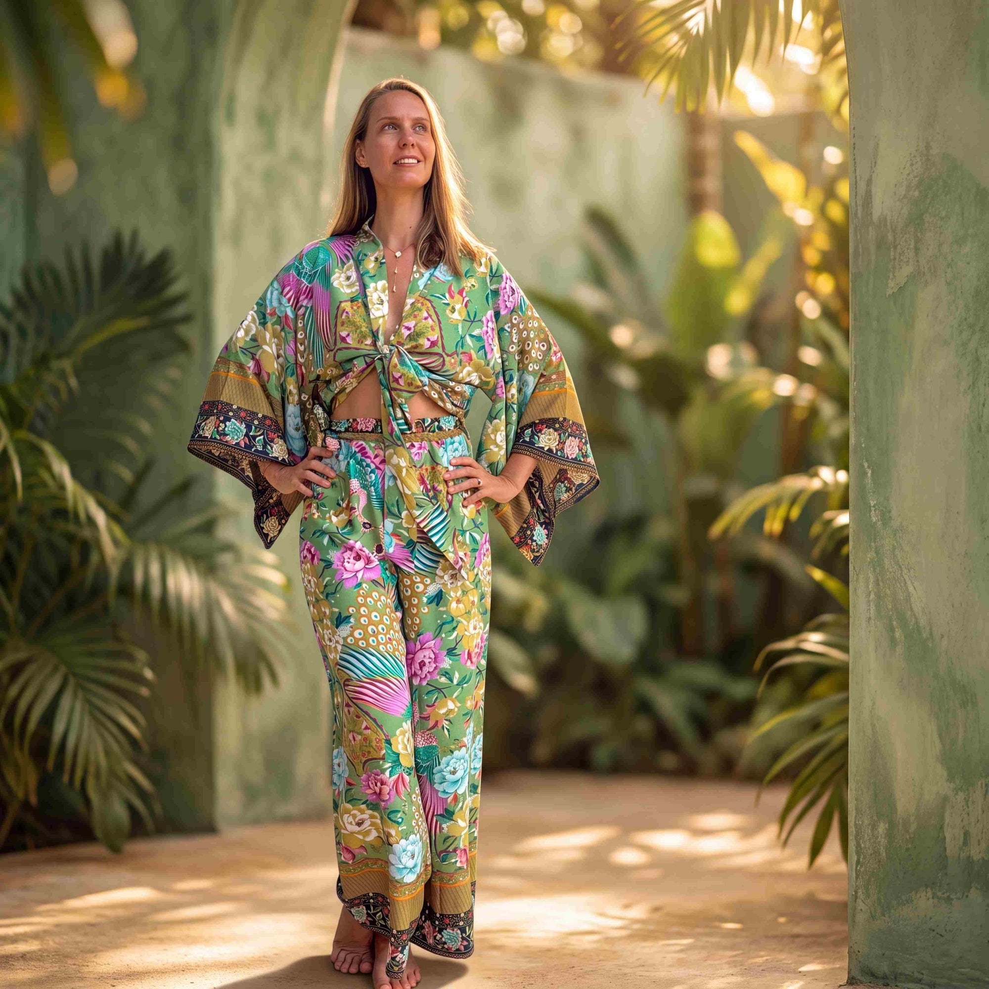 Giulia — Ensemble kimono court & pantalon fluide imprimé - Éveil Botanique - Amboria