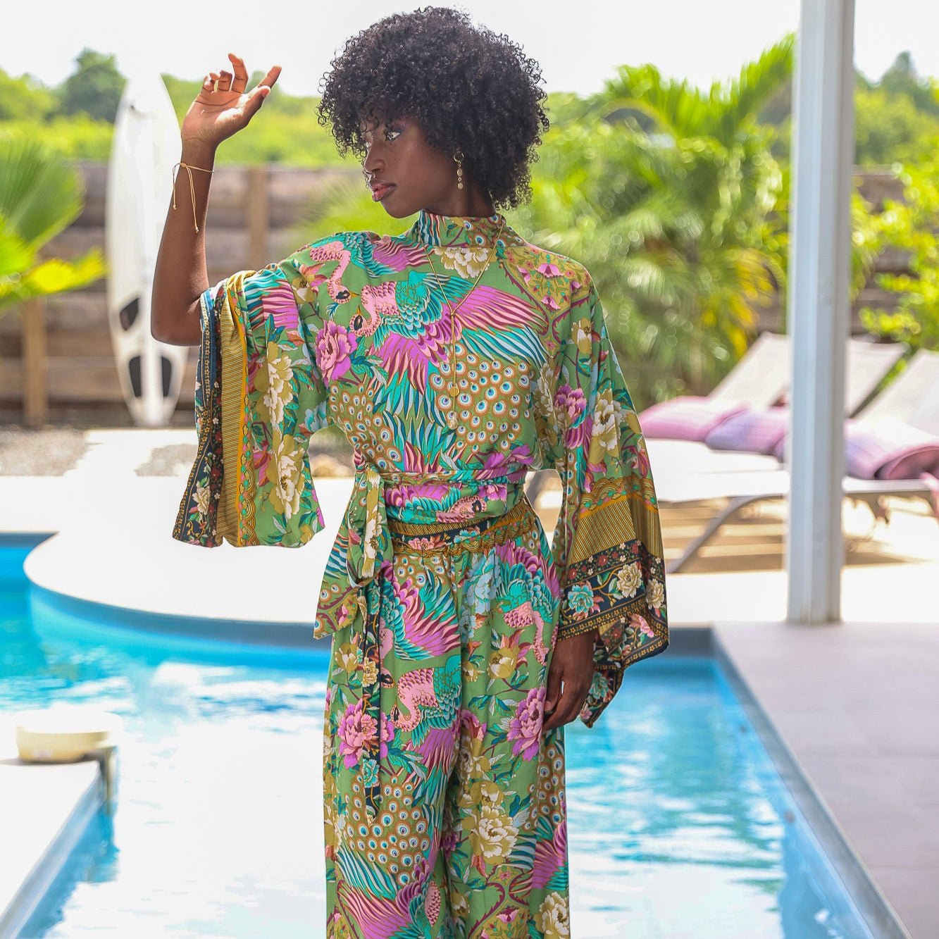 Giulia — Ensemble kimono court &amp; pantalon fluide imprimé - Éveil Botanique - Amboria