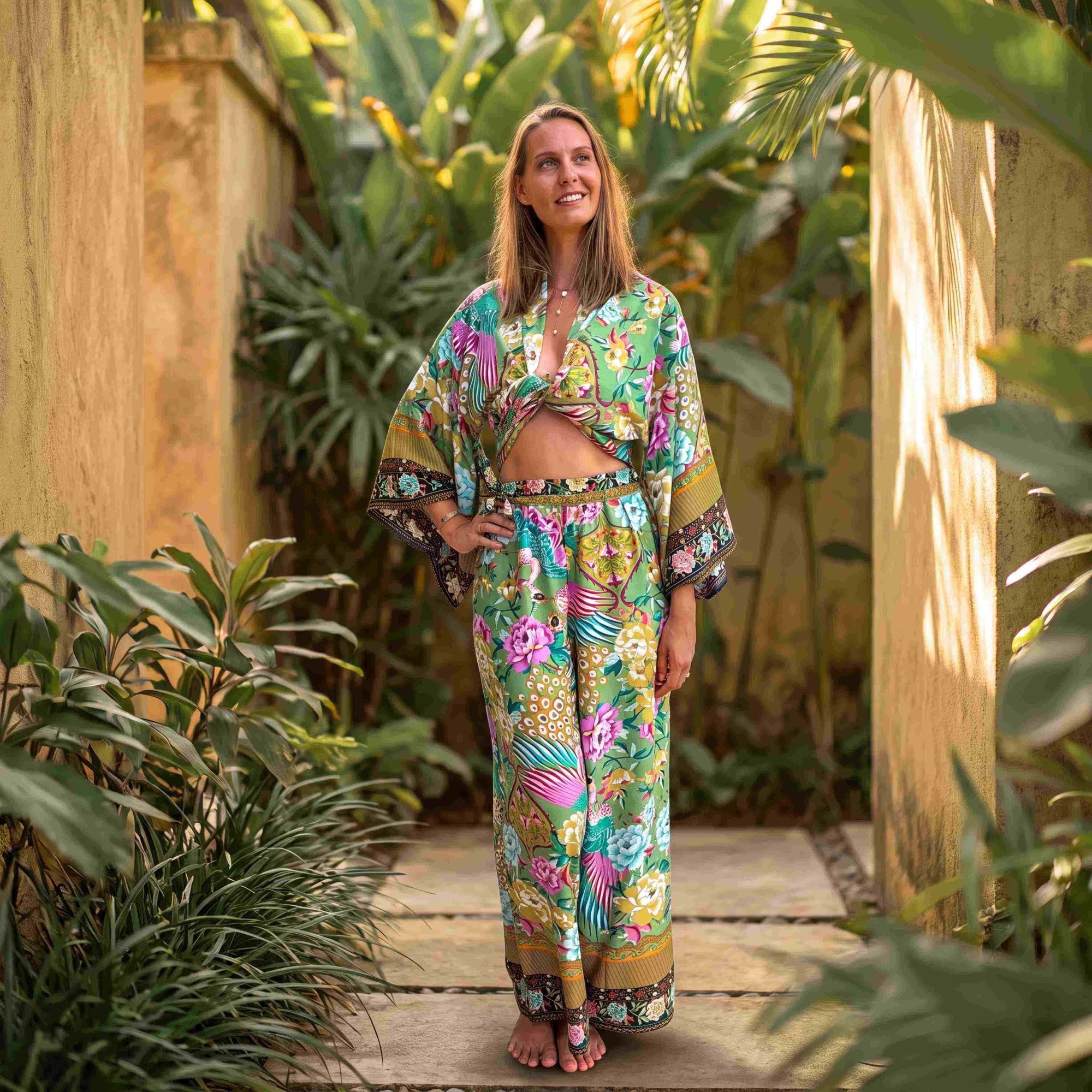 Giulia — Ensemble kimono court & pantalon fluide imprimé - Éveil Botanique - Amboria