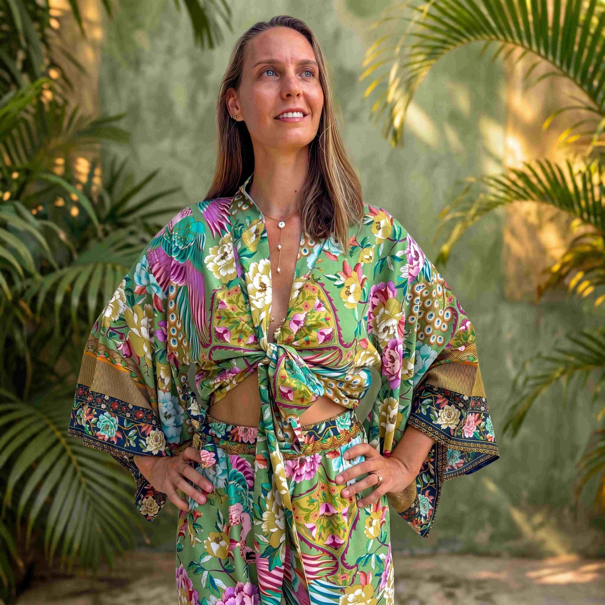 Giulia — Ensemble kimono court & pantalon fluide imprimé - Éveil Botanique - Amboria