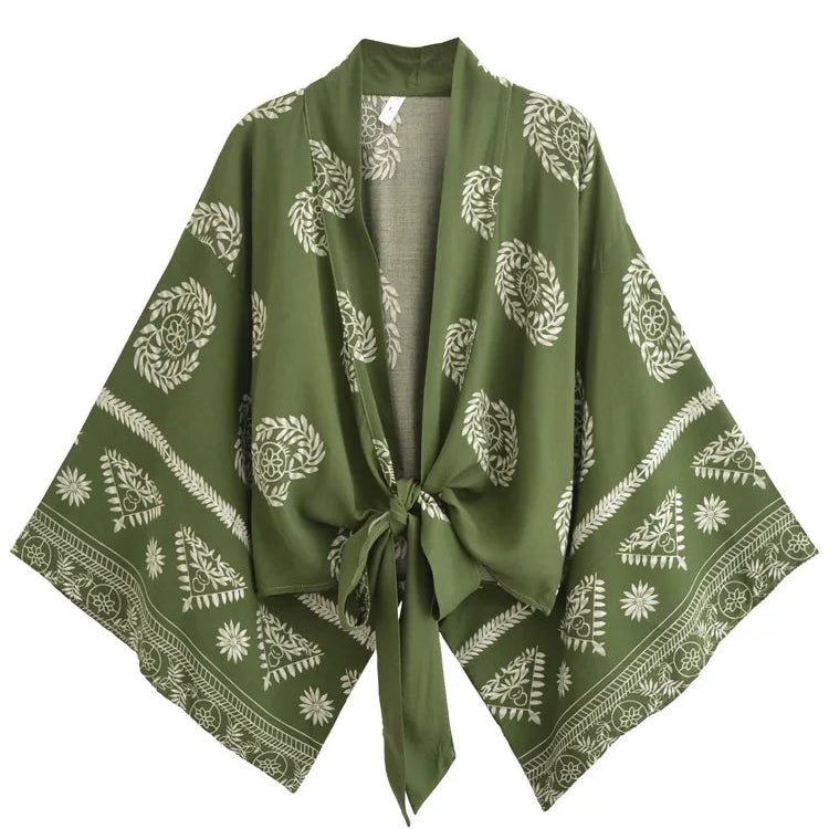 Giulia — Ensemble kimono court &amp; pantalon fluide imprimé - Vert Écume - Amboria