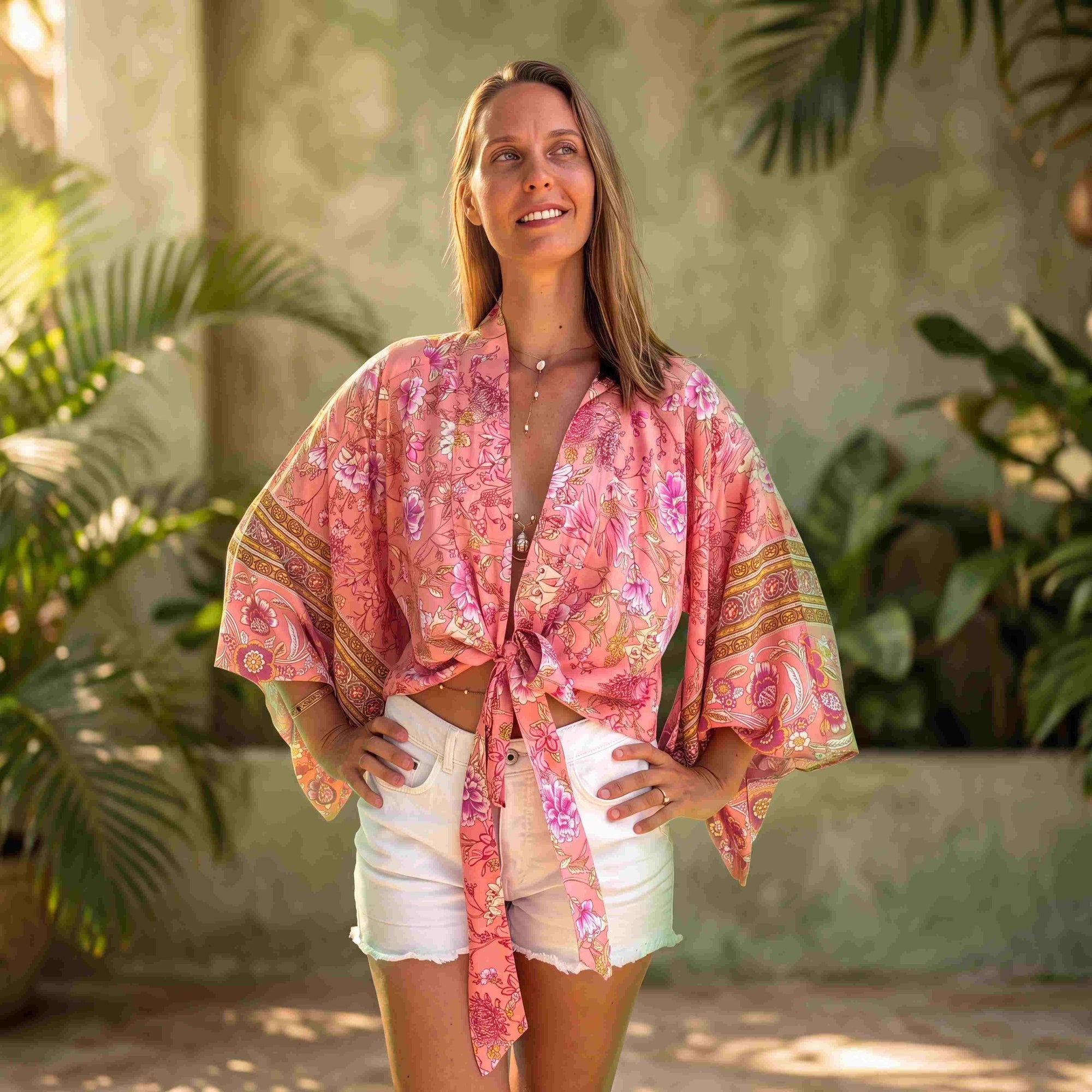 Giulia – Rose : Kimono court d’été, léger et élégant - Amboria