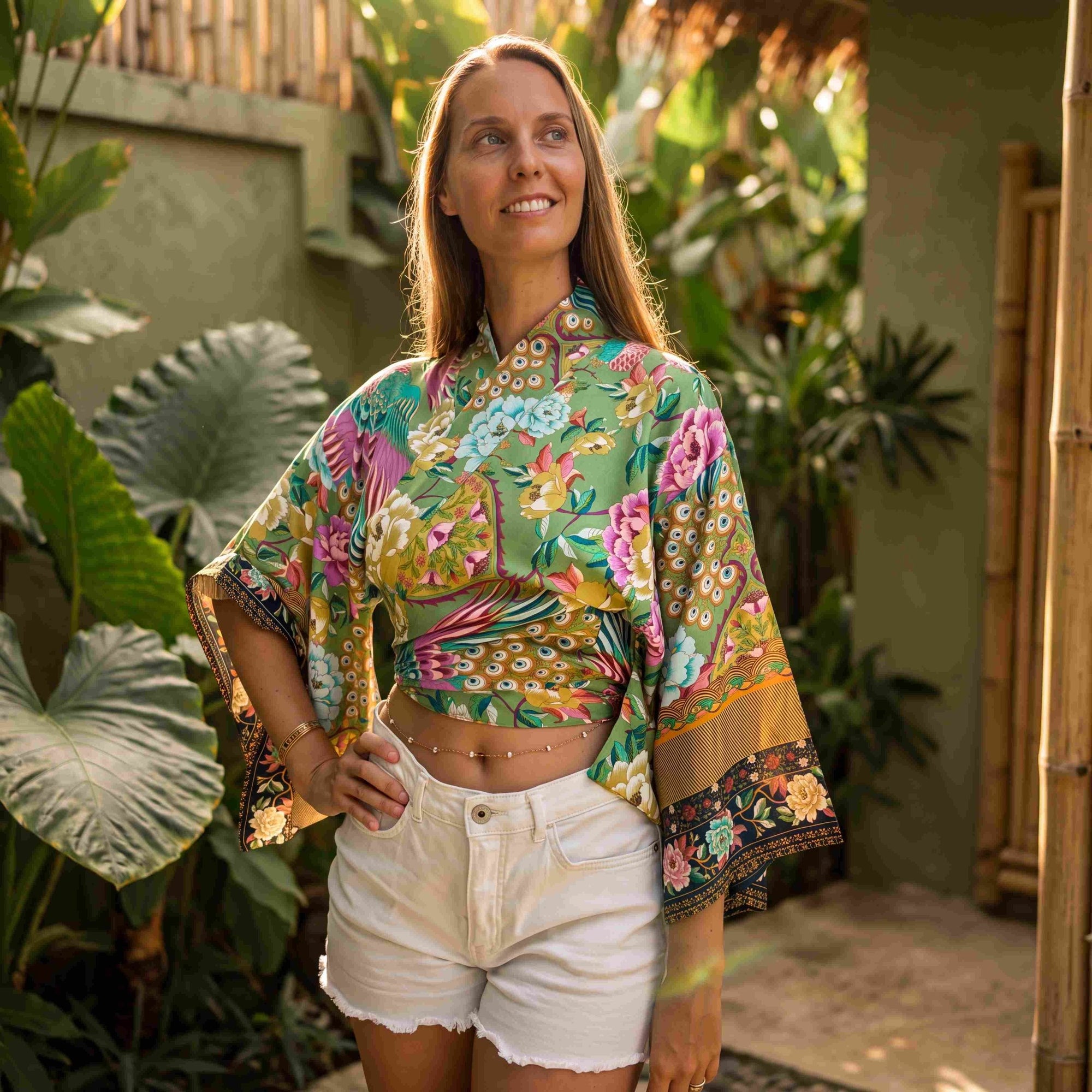 Giulia – Vert rose : Kimono court d’été, léger et élégant - Amboria