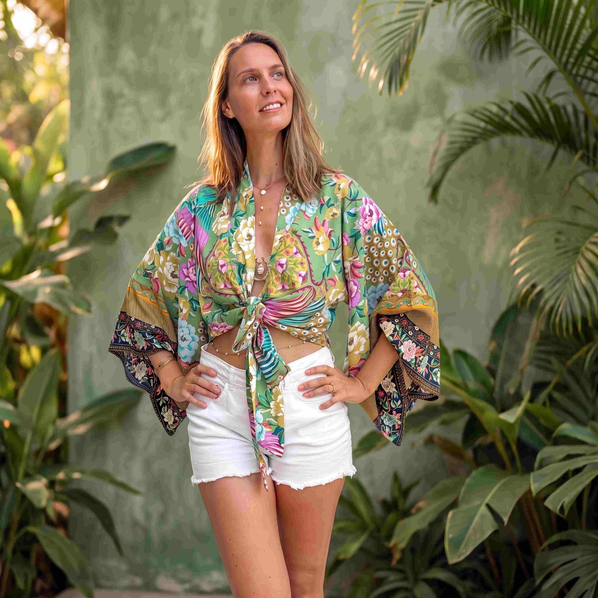 Giulia – Vert rose : Kimono court d’été, léger et élégant - Amboria