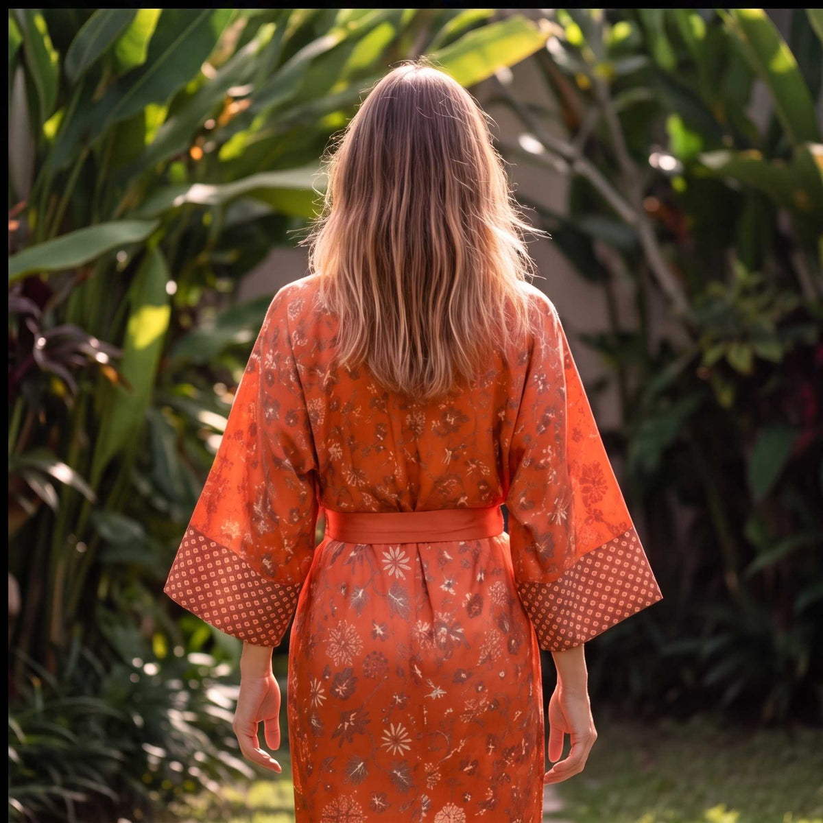 Kuta – Orange fleuri : Kimono long en soie - Amboria