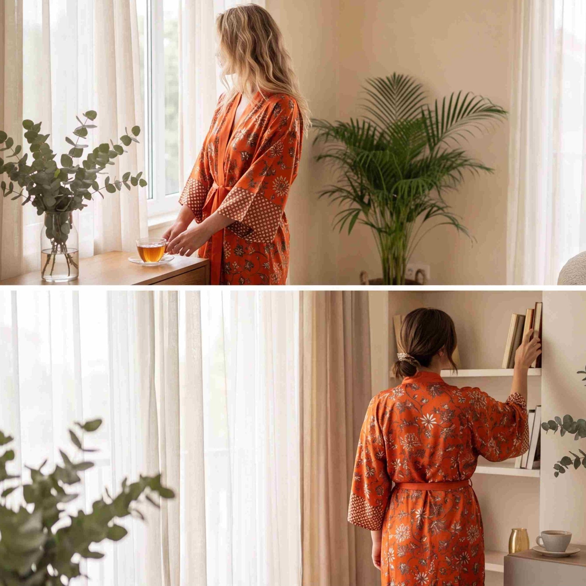 Kuta – Orange fleuri : Kimono mi-long en soie - Amboria