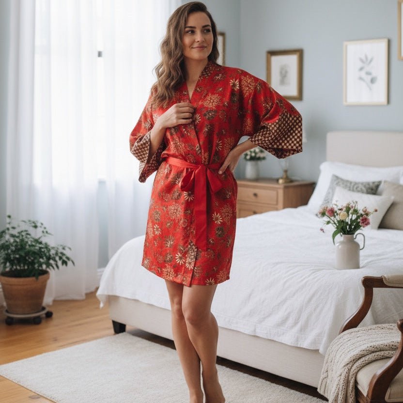 Kuta – Orange fleuri : Kimono mi - long en soie - Amboria