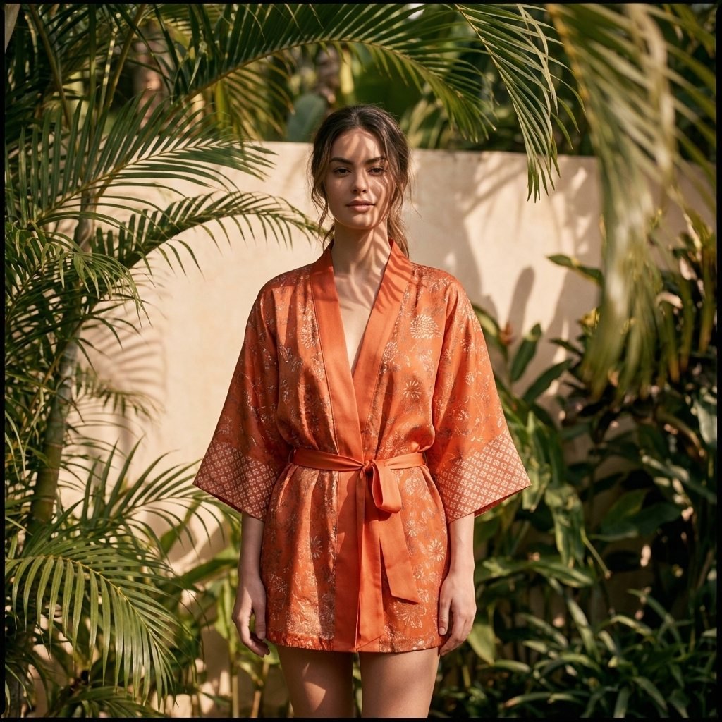 Kuta – Orange fleuri : Kimono mi-long en soie - Amboria