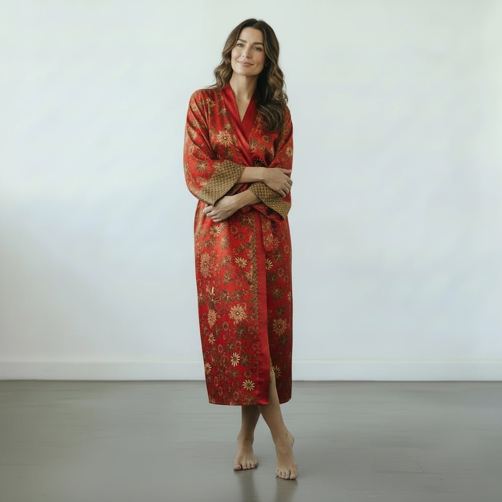 Lovina – Rouge fleuri : Kimono long en soie - Amboria