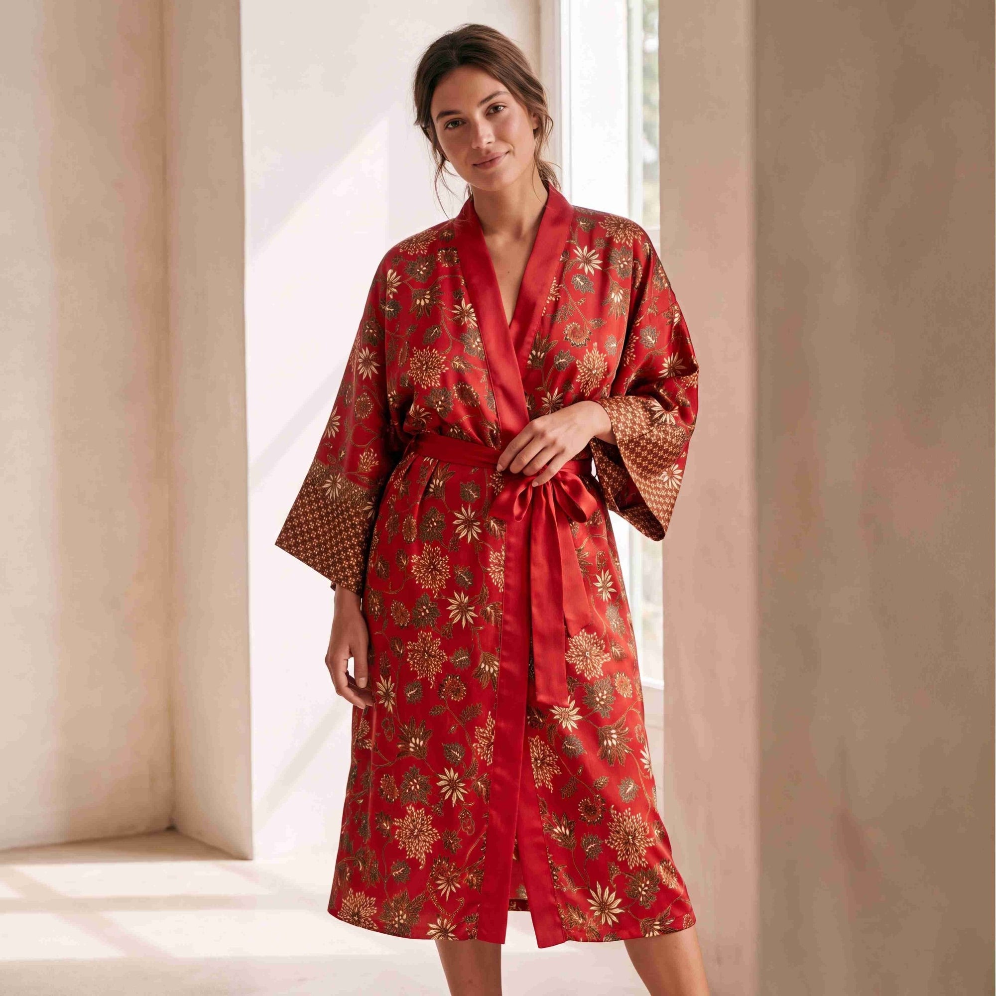 Lovina – Rouge fleuri : Kimono long en soie - Amboria