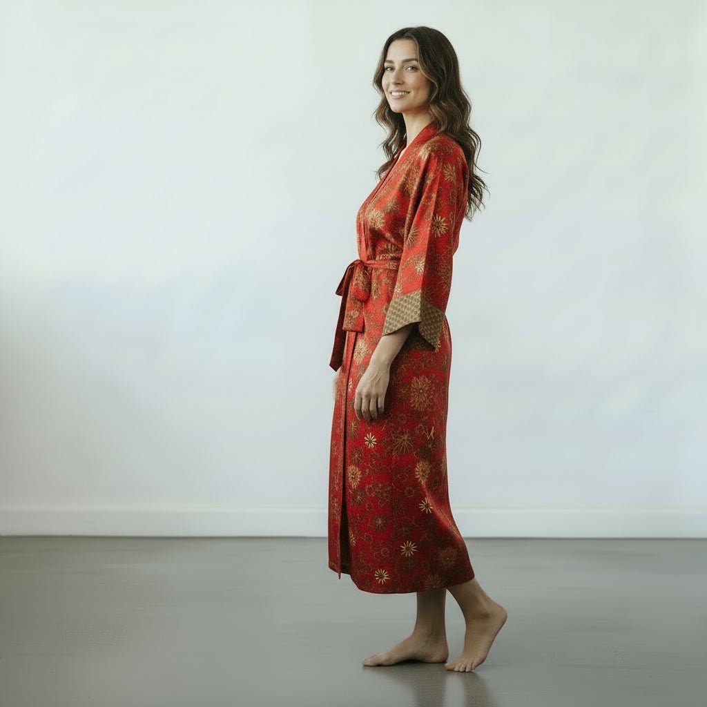 Lovina – Rouge fleuri : Kimono long en soie - Amboria