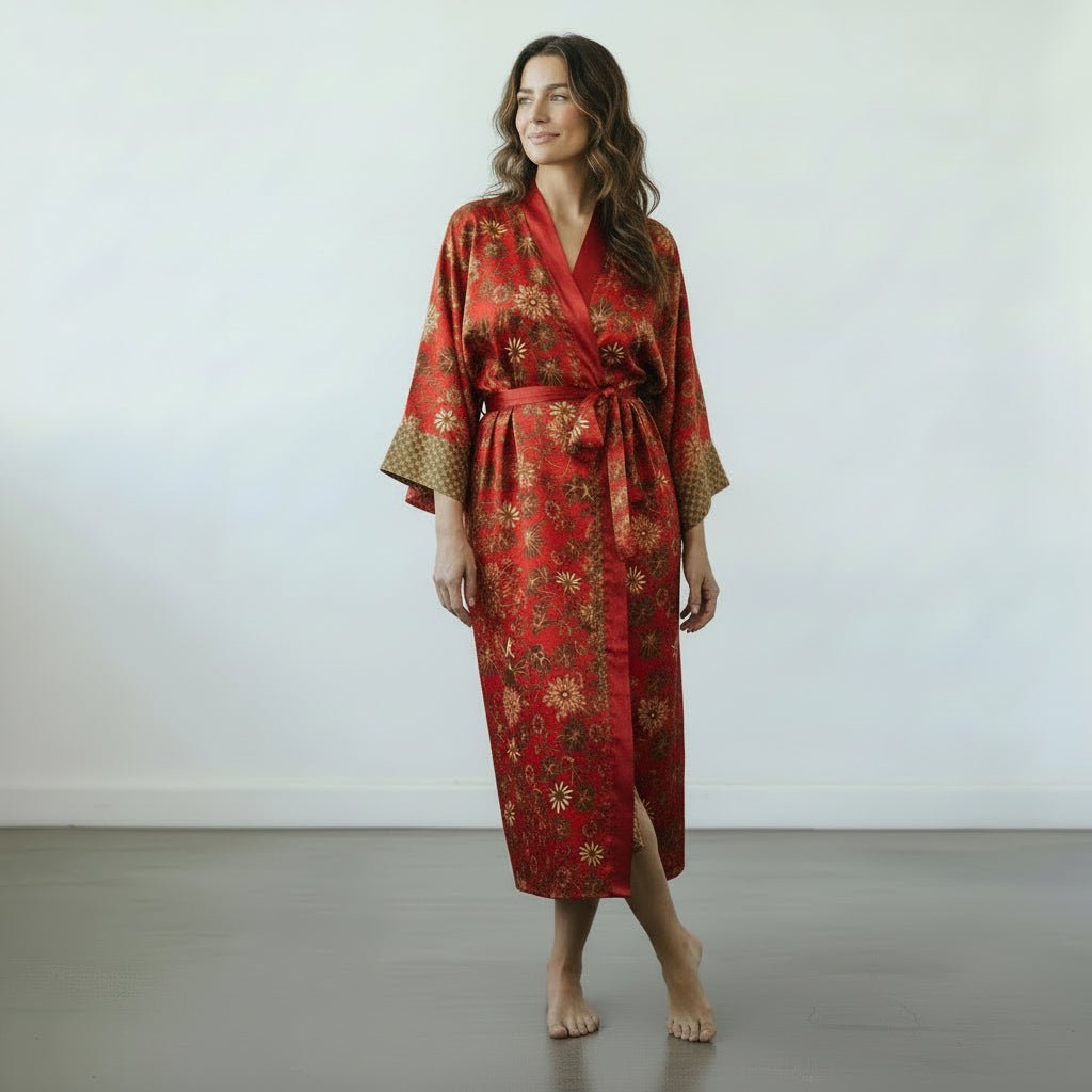 Lovina – Rouge fleuri : Kimono long en soie - Amboria