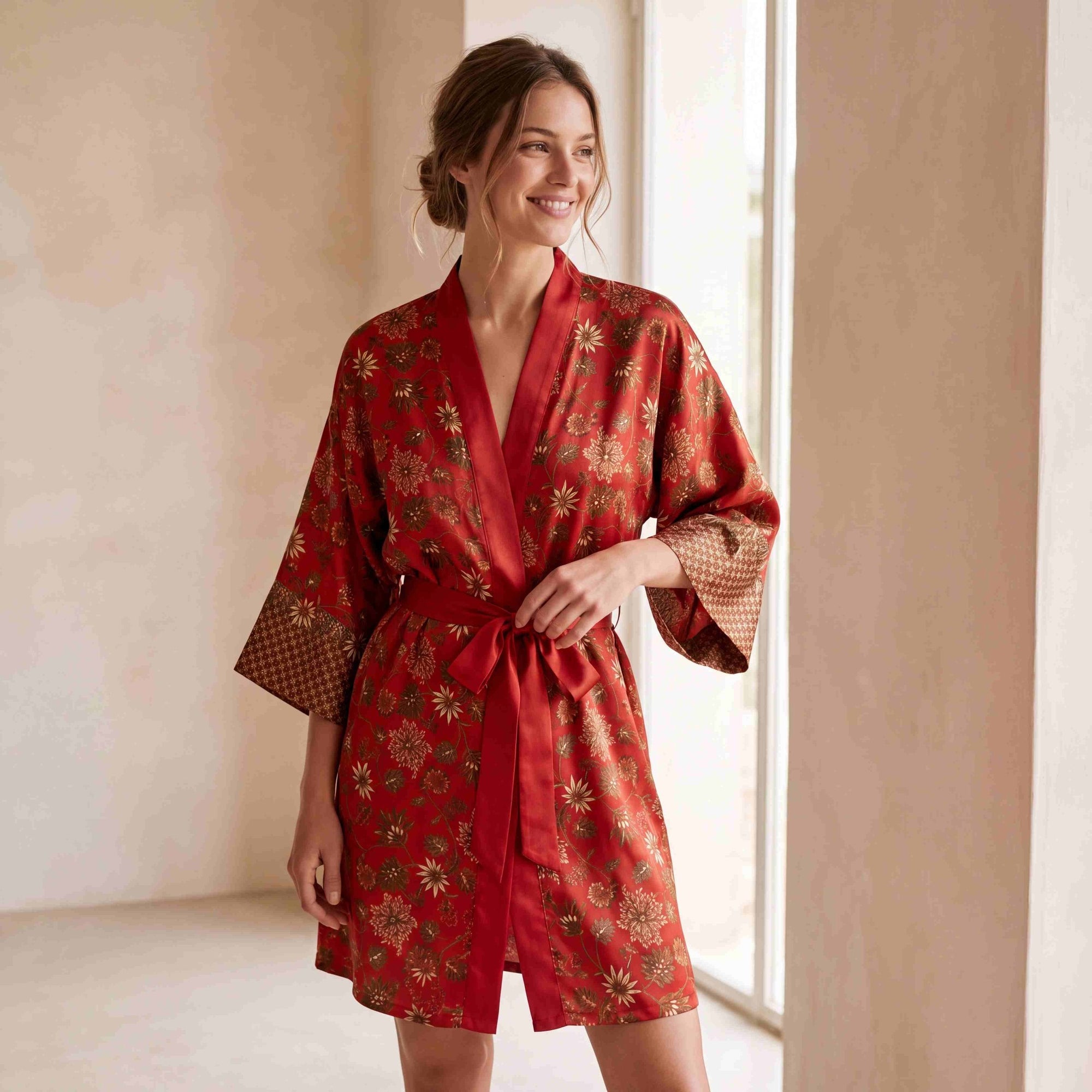 Lovina – Rouge fleuri : Kimono mi-long en soie - Amboria