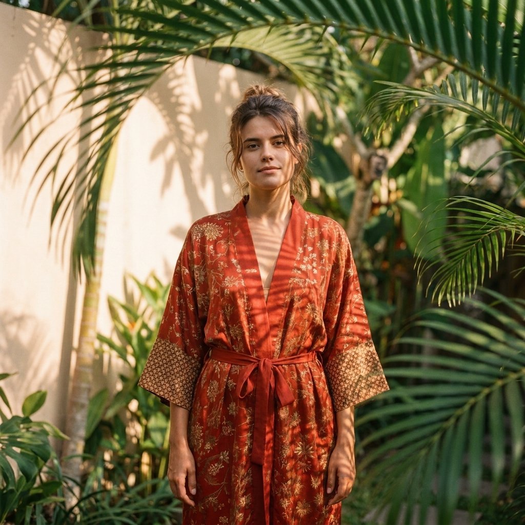 Lovina – Rouge fleuri : Kimono mi-long en soie - Amboria