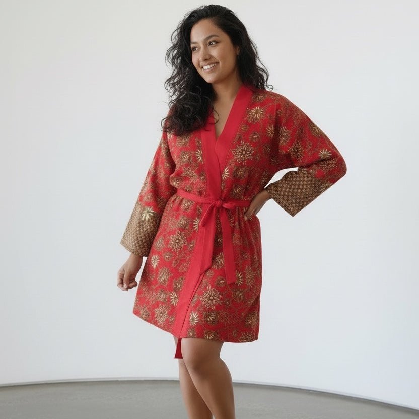 Lovina – Rouge fleuri : Kimono mi - long en soie - Amboria