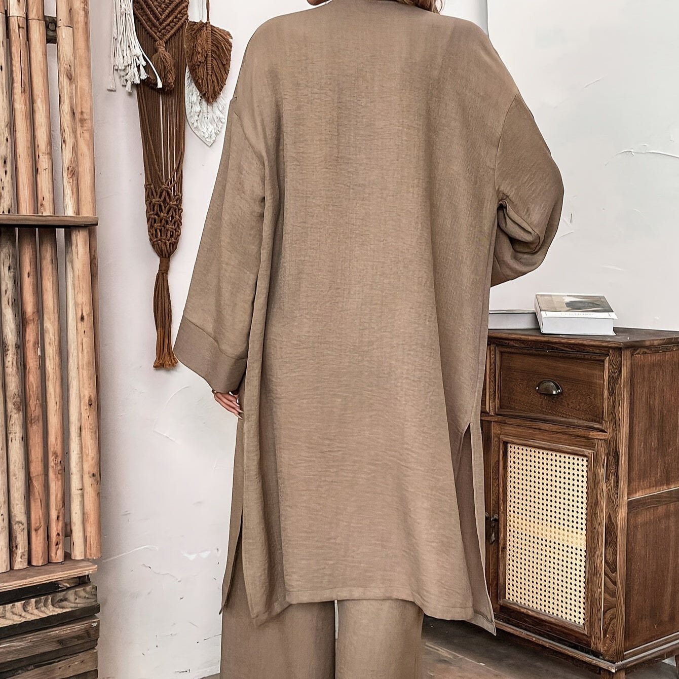 Naïa — Ensemble kimono &amp; pantalon fluide uni - Terre sereine - Une taille M encore disponible, écrivez - nous ! - Amboria