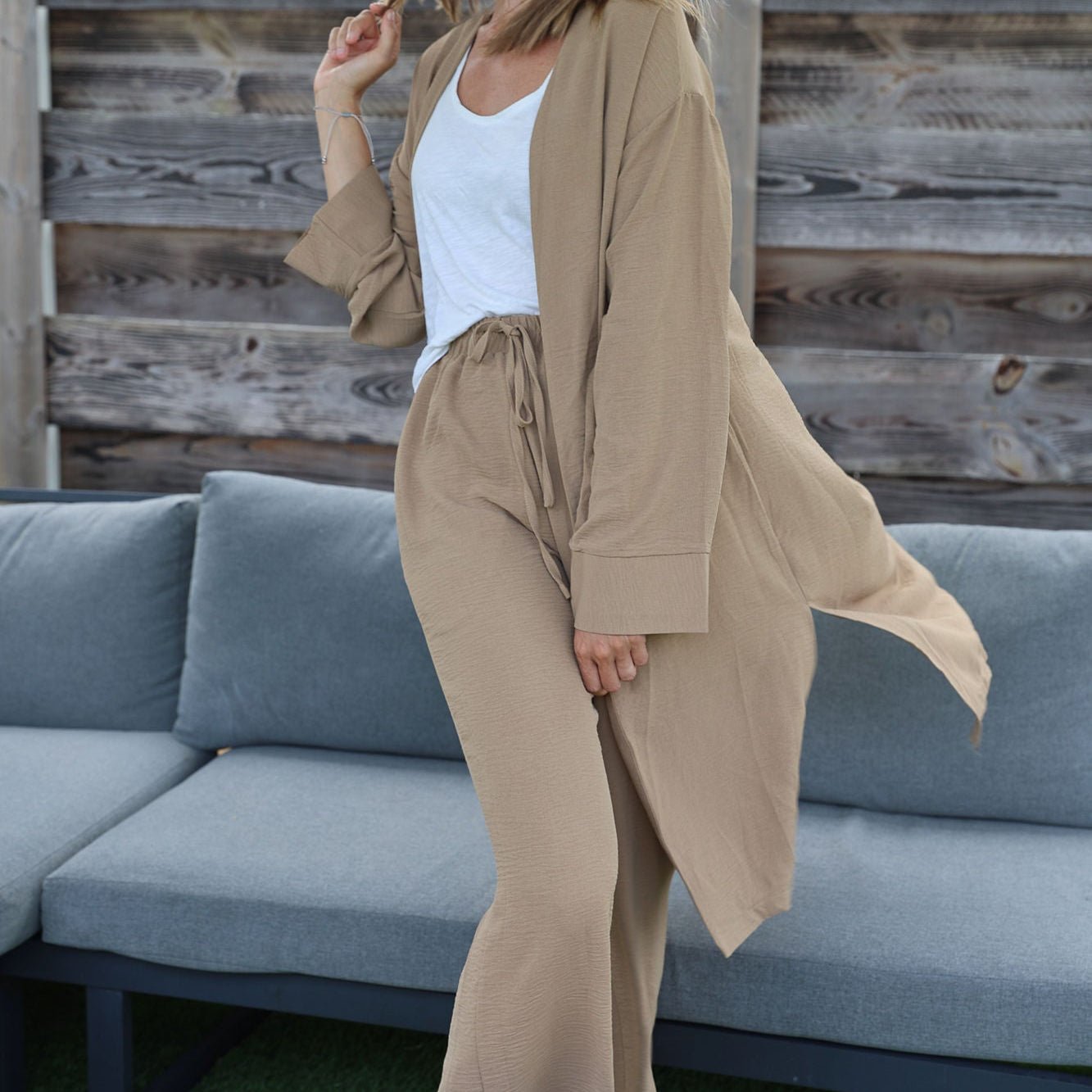 Naïa — Ensemble kimono &amp; pantalon fluide uni - Terre sereine - Une taille M encore disponible, écrivez - nous ! - Amboria