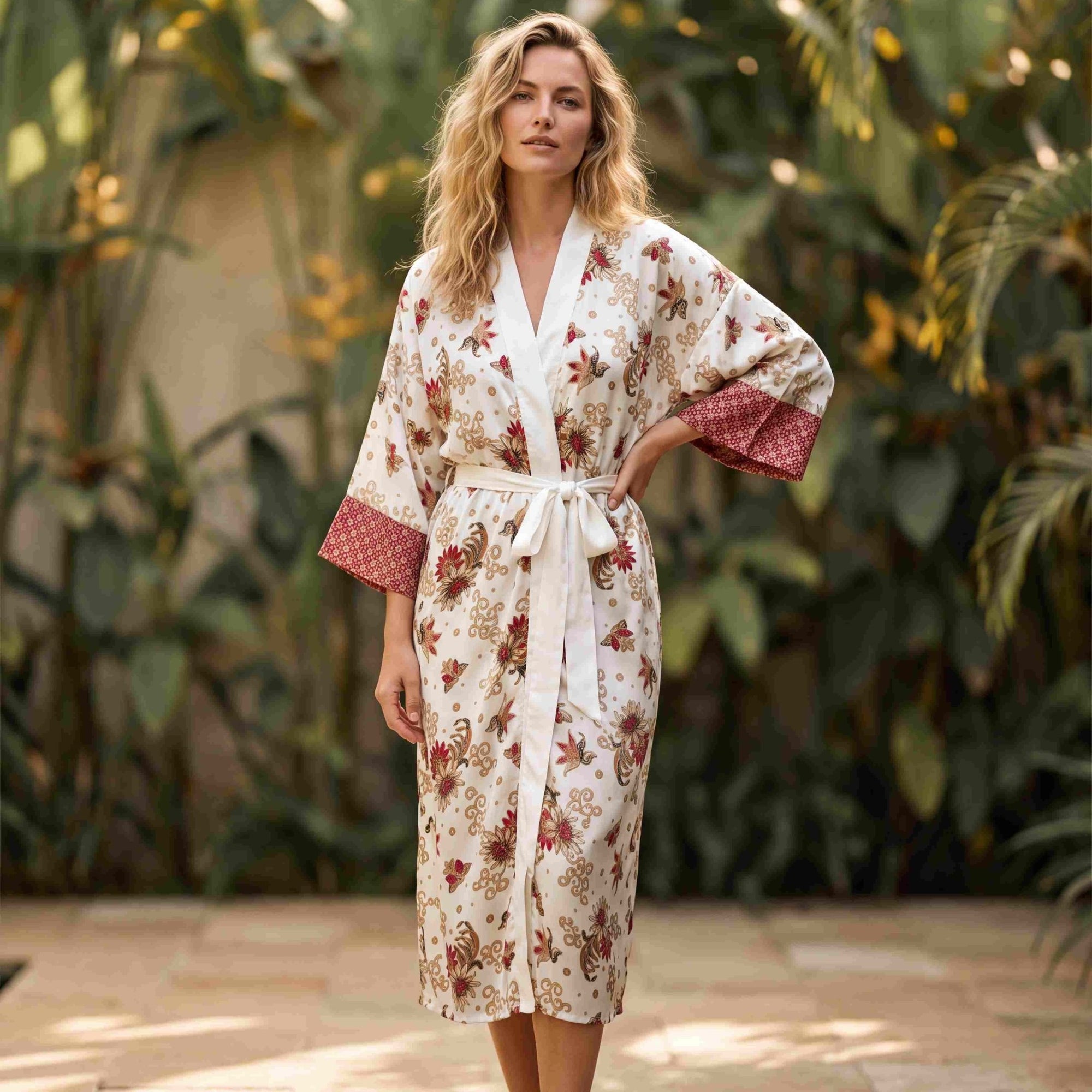 Nusa – Blanc fleuri : Kimono long en soie - Amboria