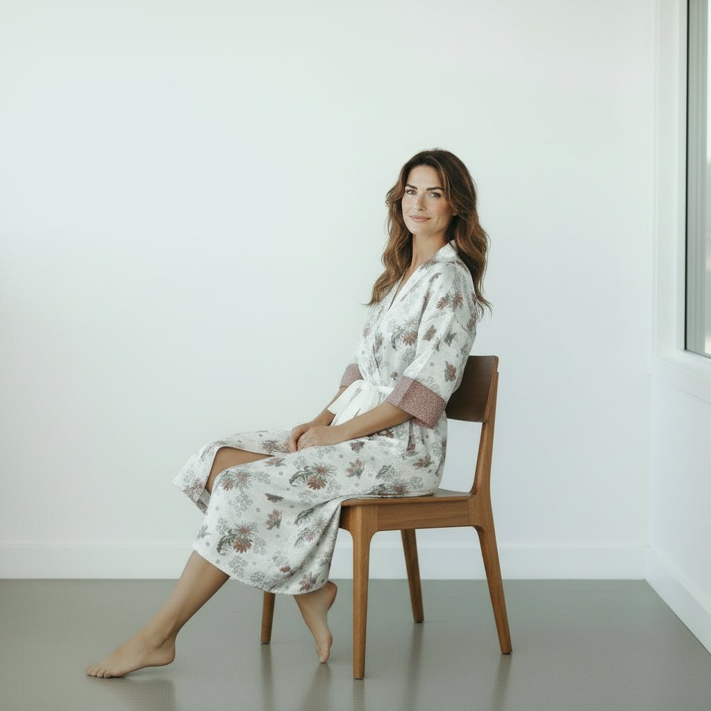 Nusa – Blanc fleuri : Kimono long en soie - Amboria