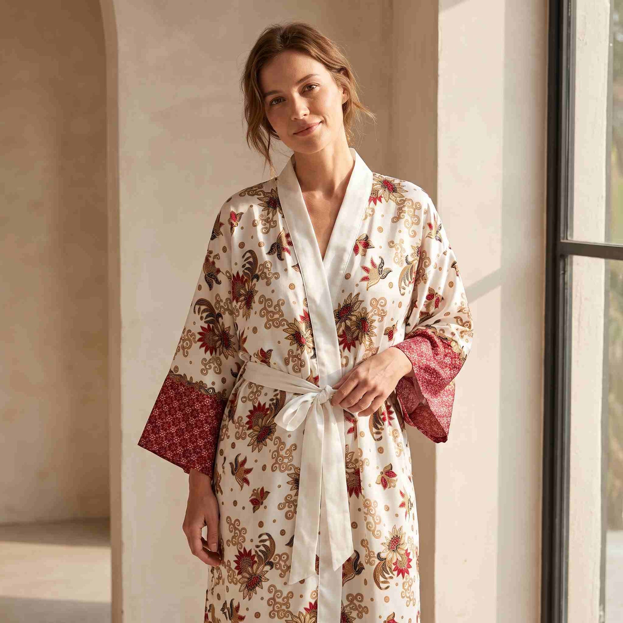 Nusa – Blanc fleuri : Kimono long en soie - Amboria